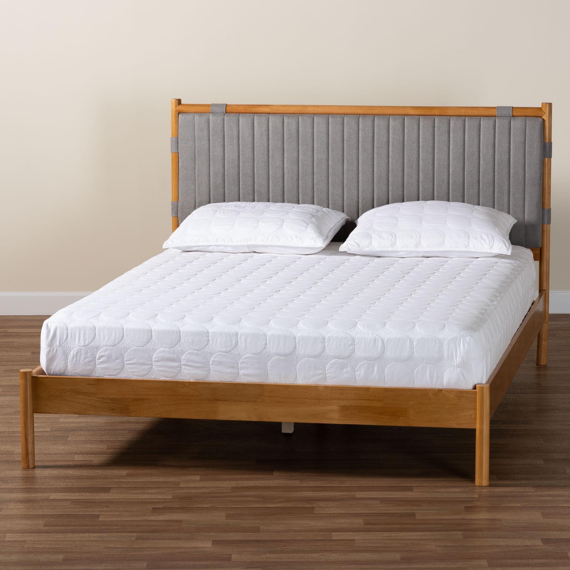 Jaiana Mid-Century Grey Fabric and Oak Brown Wood Queen Size Bed