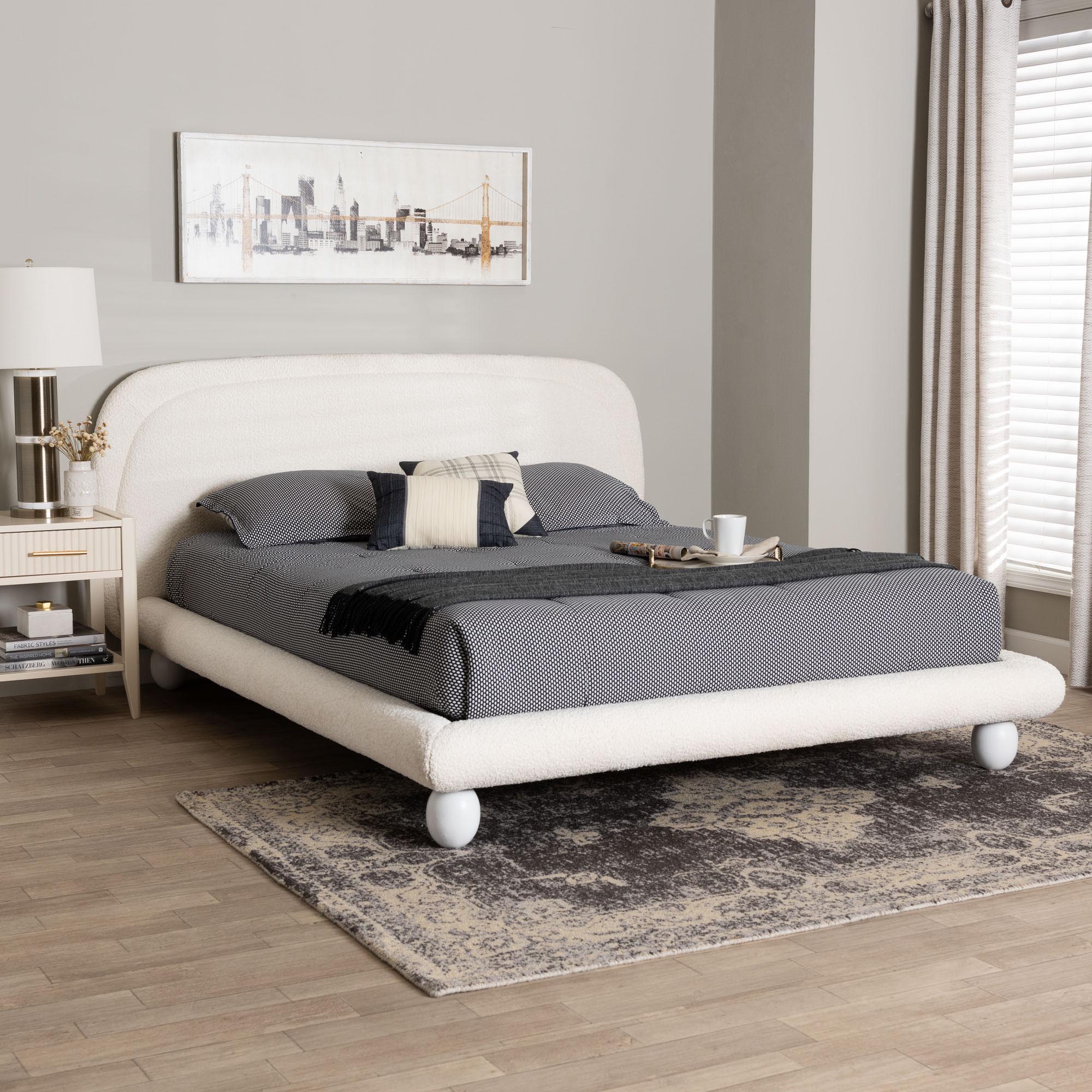 Eladio Modern Ivory Boucle Fabric Queen Size Bed