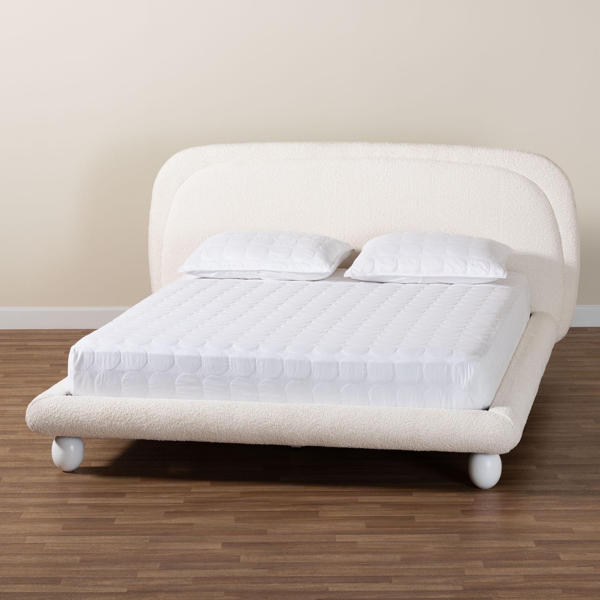 Eladio Modern Ivory Boucle Fabric Queen Size Bed