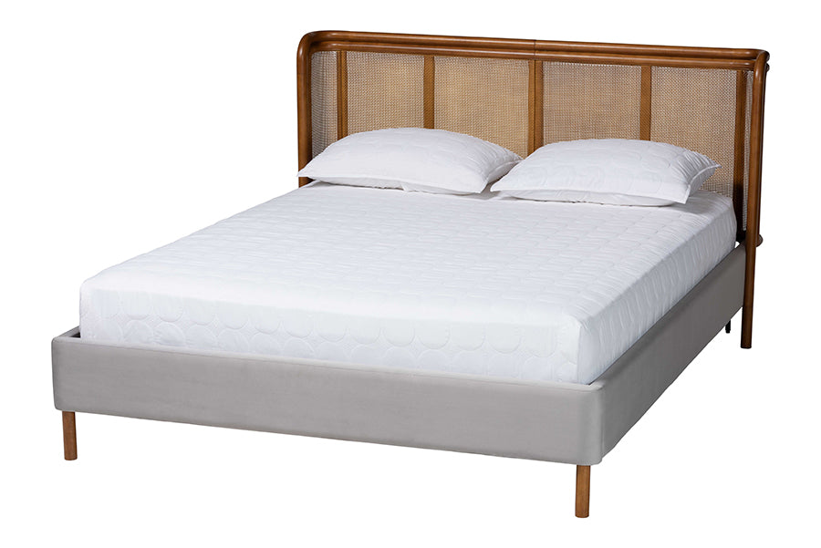 Harrell Mid-Century Modern Grey Velvet and Woven Rattan Wood Queen Size Bed