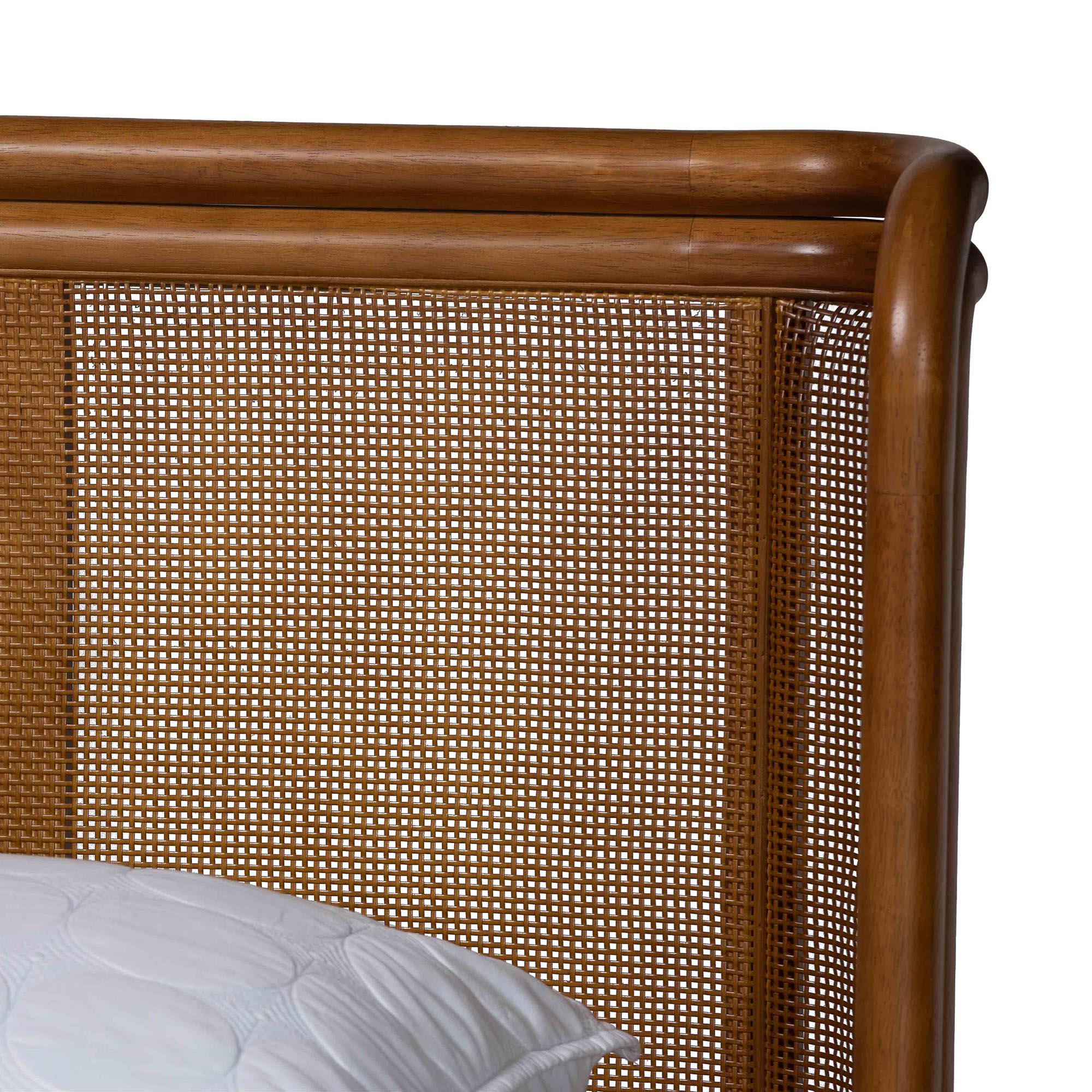 Harrell Mid-Century Modern Grey Velvet and Woven Rattan Wood Queen Size Bed