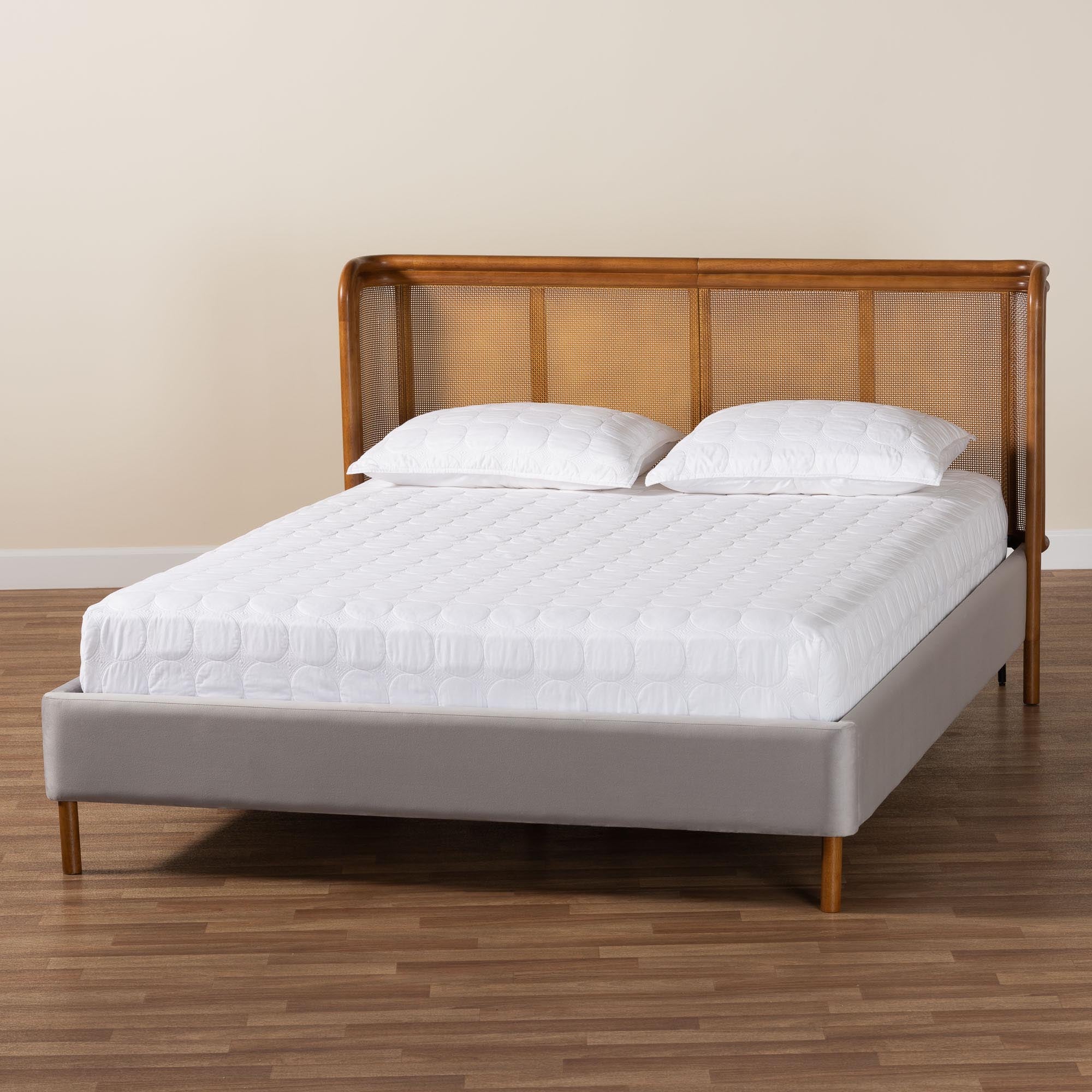 Harrell Mid-Century Modern Grey Velvet and Woven Rattan Wood Queen Size Bed