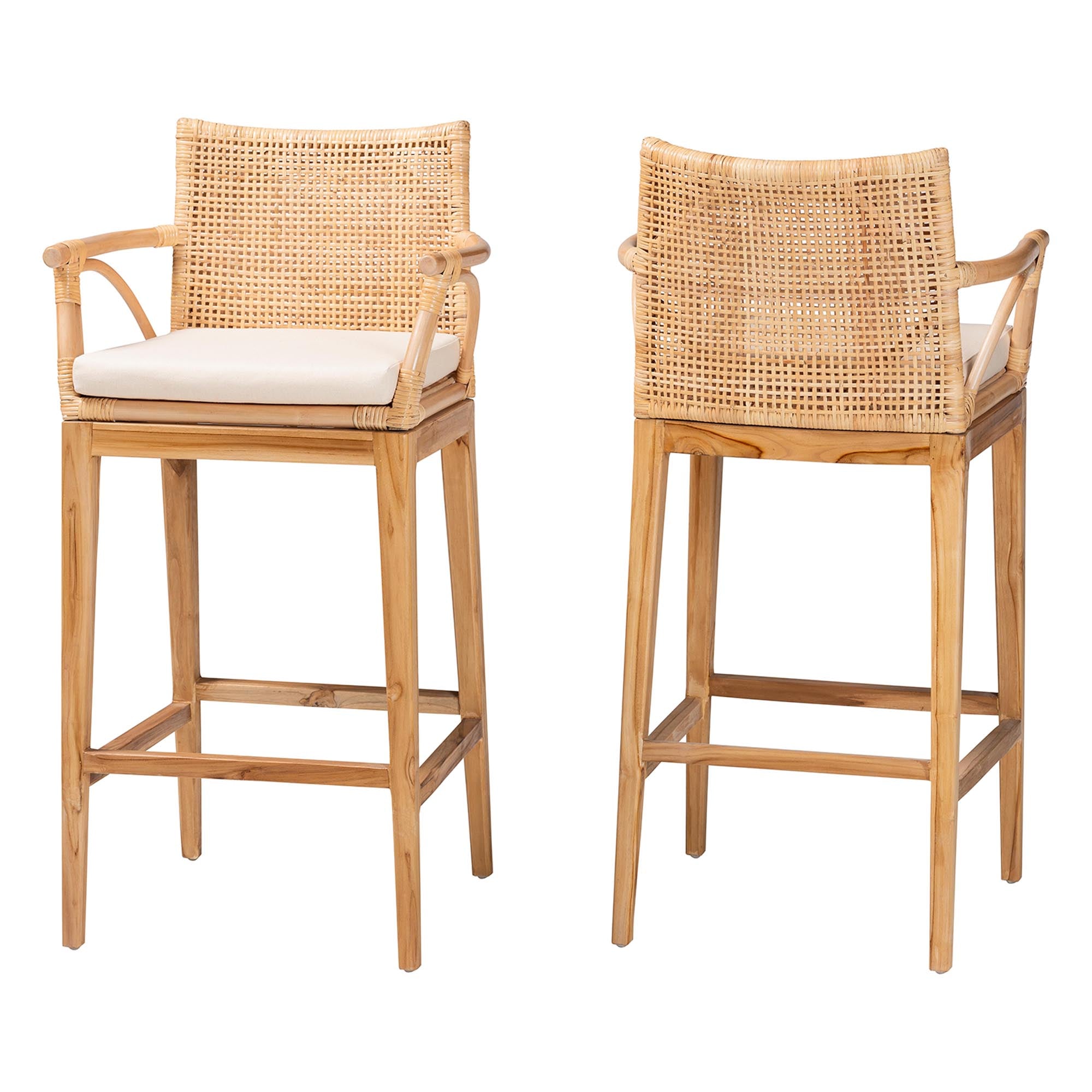 bali & pari Storsel Bohemian Natural Rattan and Teak Wood 2-Piece Bar Stool Set