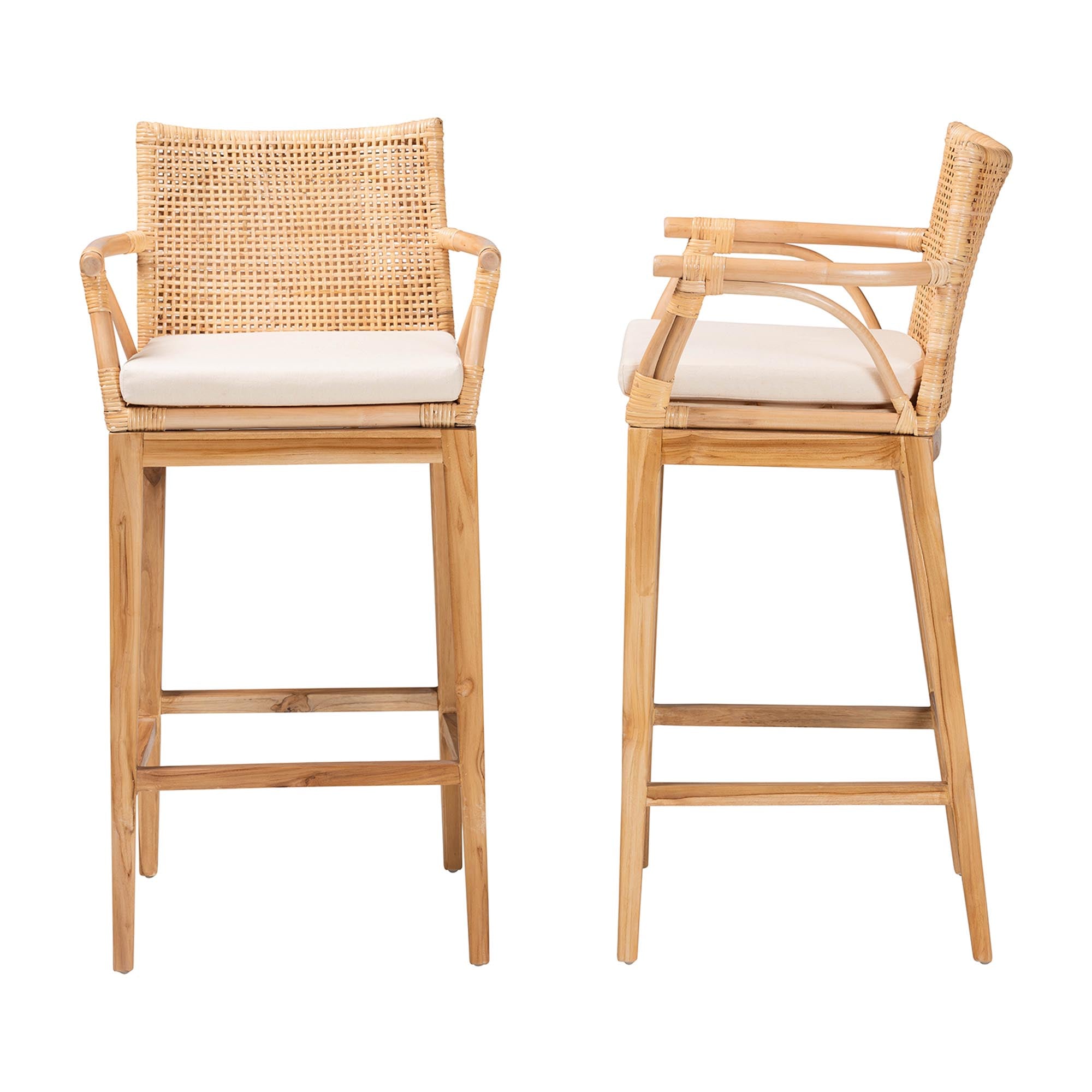 Storsel Bohemian Natural Rattan and Teak Wood 2-Piece Bar Stool Set