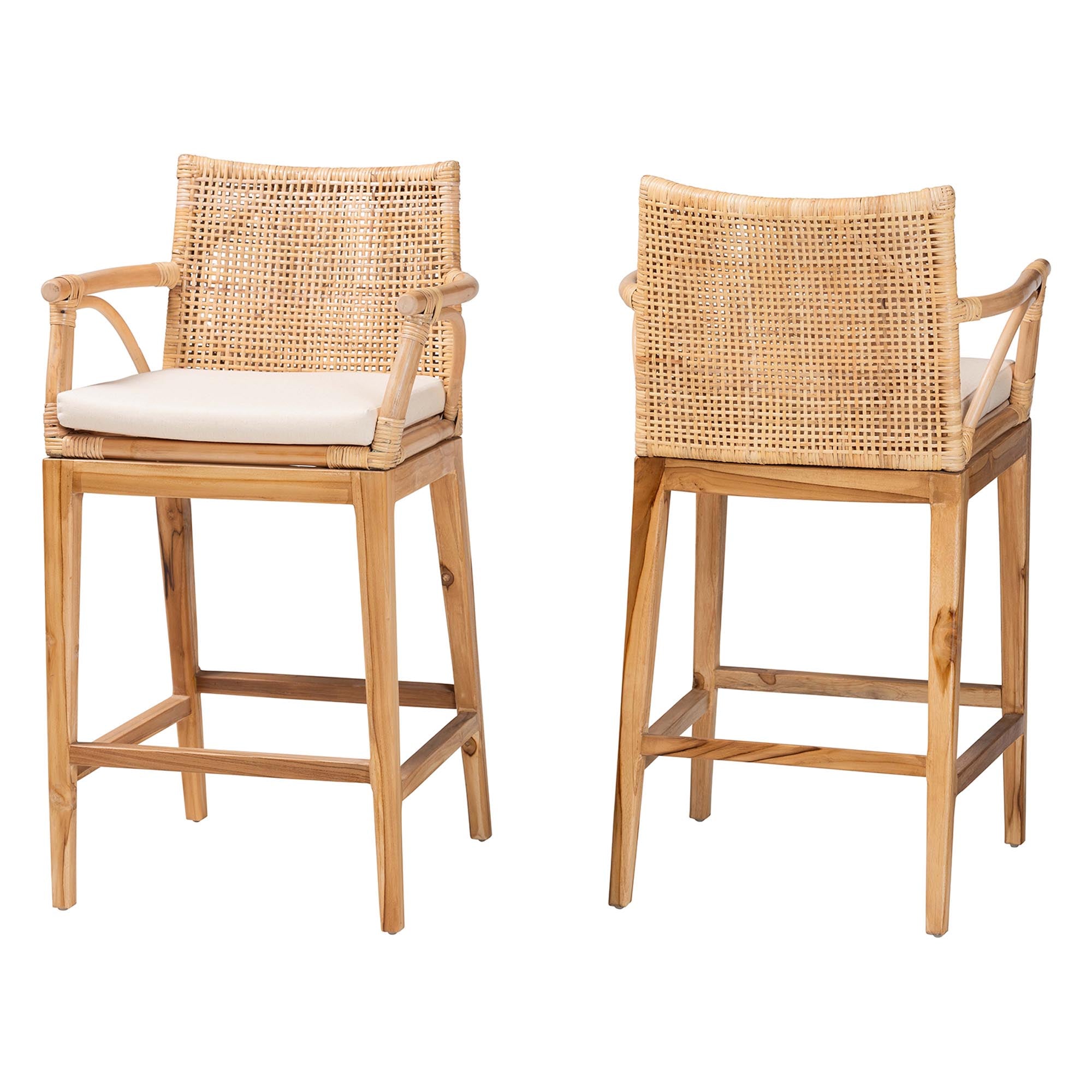 bali & pari Storsel Bohemian Natural Rattan and Teak Wood 2-Piece Counter Stool Set