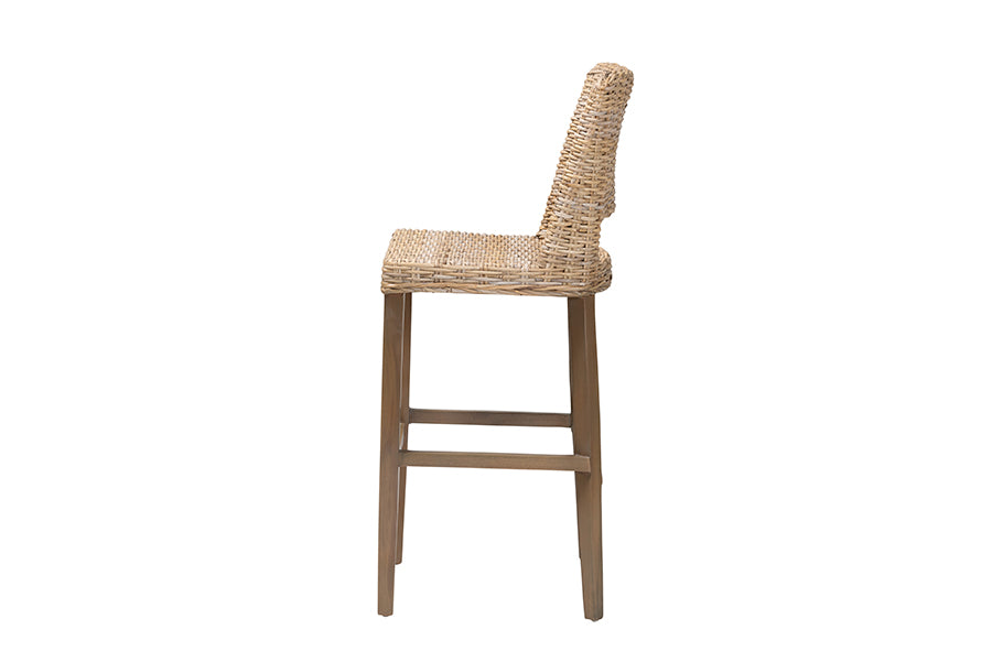 Magy Modern Bohemian Grey Kubu Rattan and Mahogany Wood Bar Stool