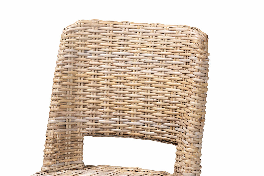 Magy Modern Bohemian Grey Kubu Rattan and Mahogany Wood Bar Stool