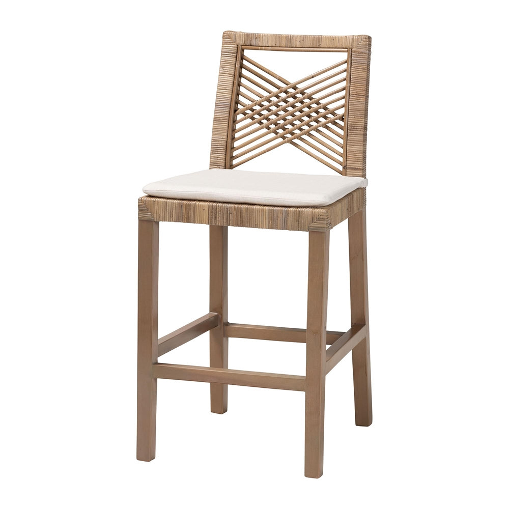 Poltak Modern Bohemian Grey Natural Kubu Rattan and Mahogany Wood Counter Stool