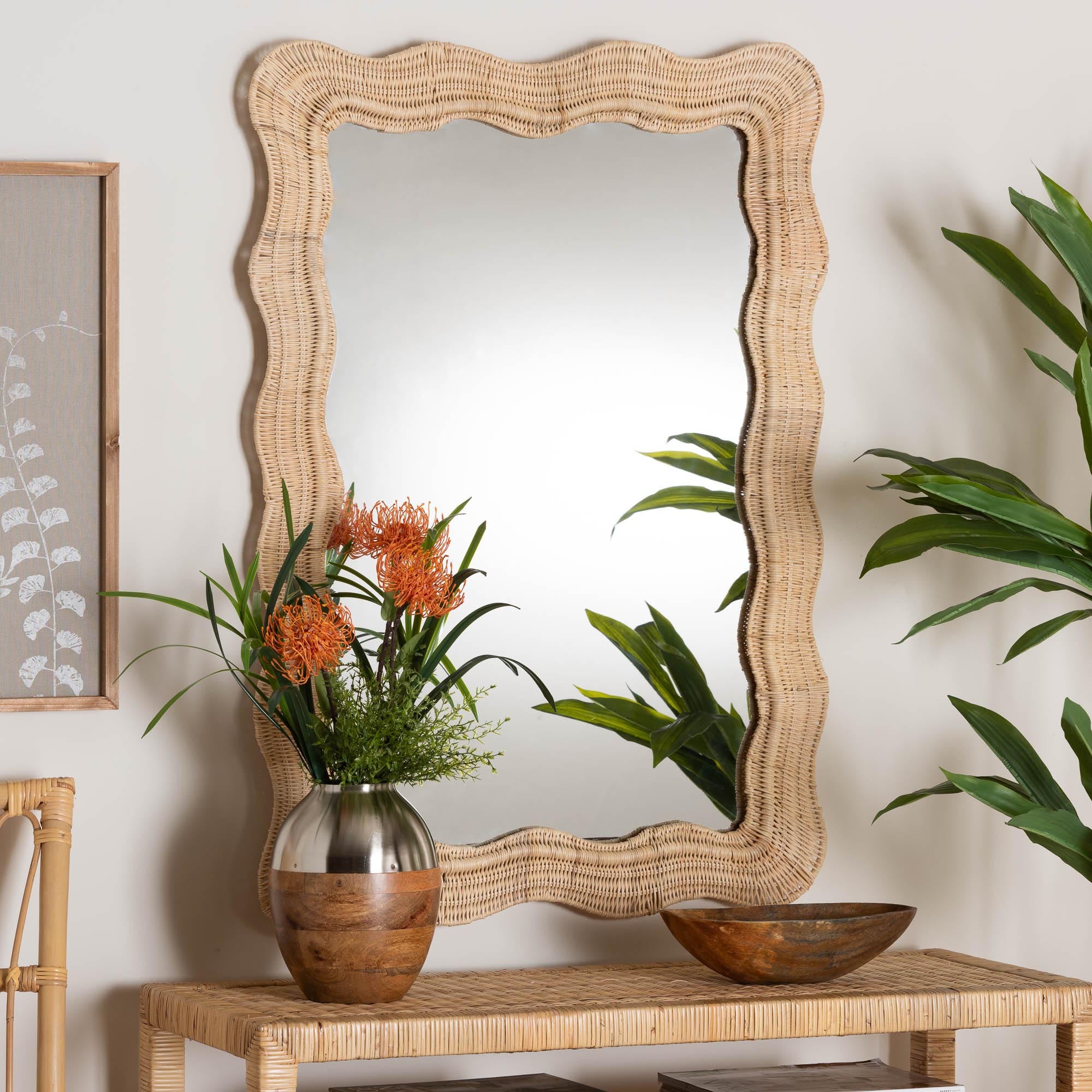 Hasana Bohemian Natural Scallop Rattan Accent Wall Mirror