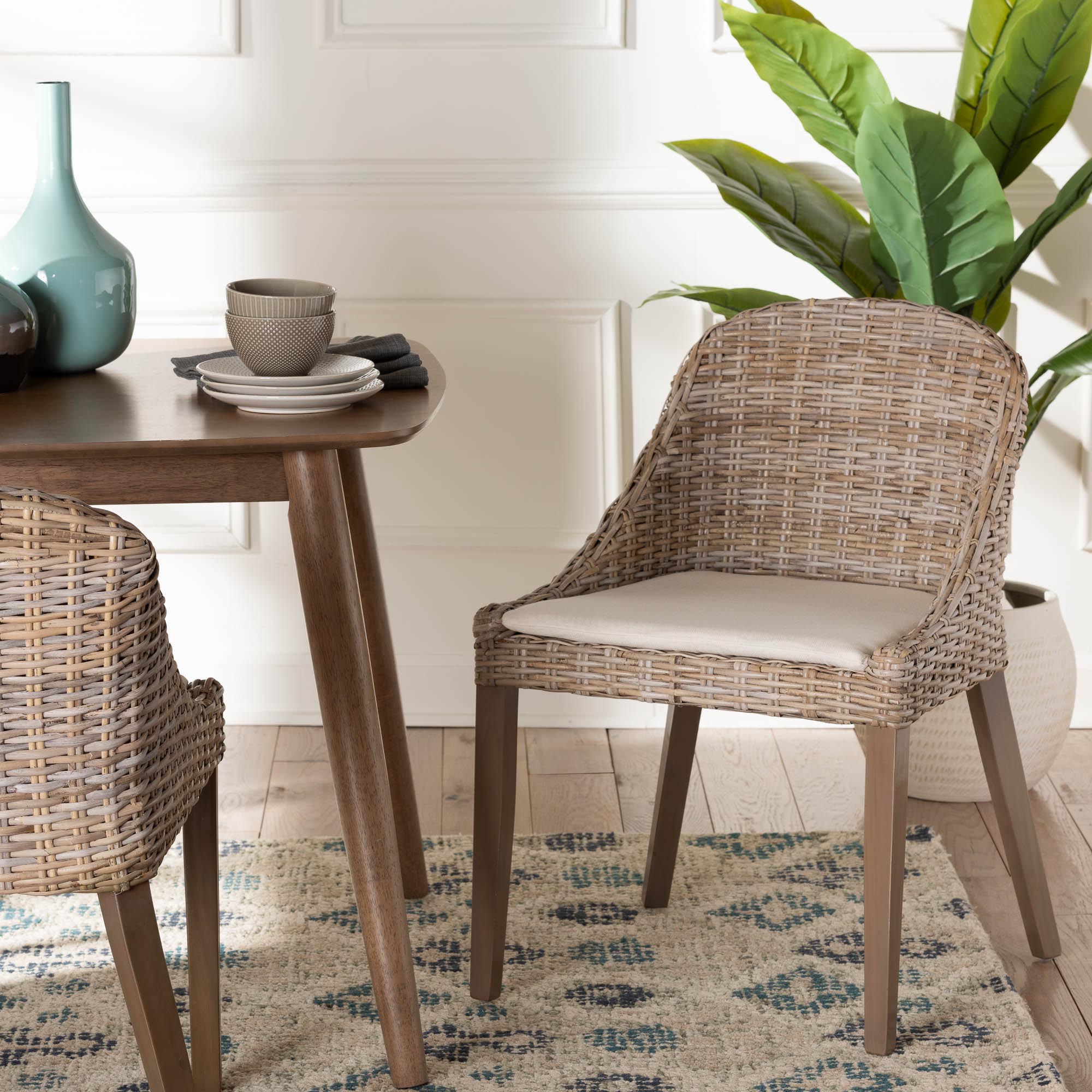 Lara Bohemian Grey Kubu Rattan and Mahogany Wood Dining Chair