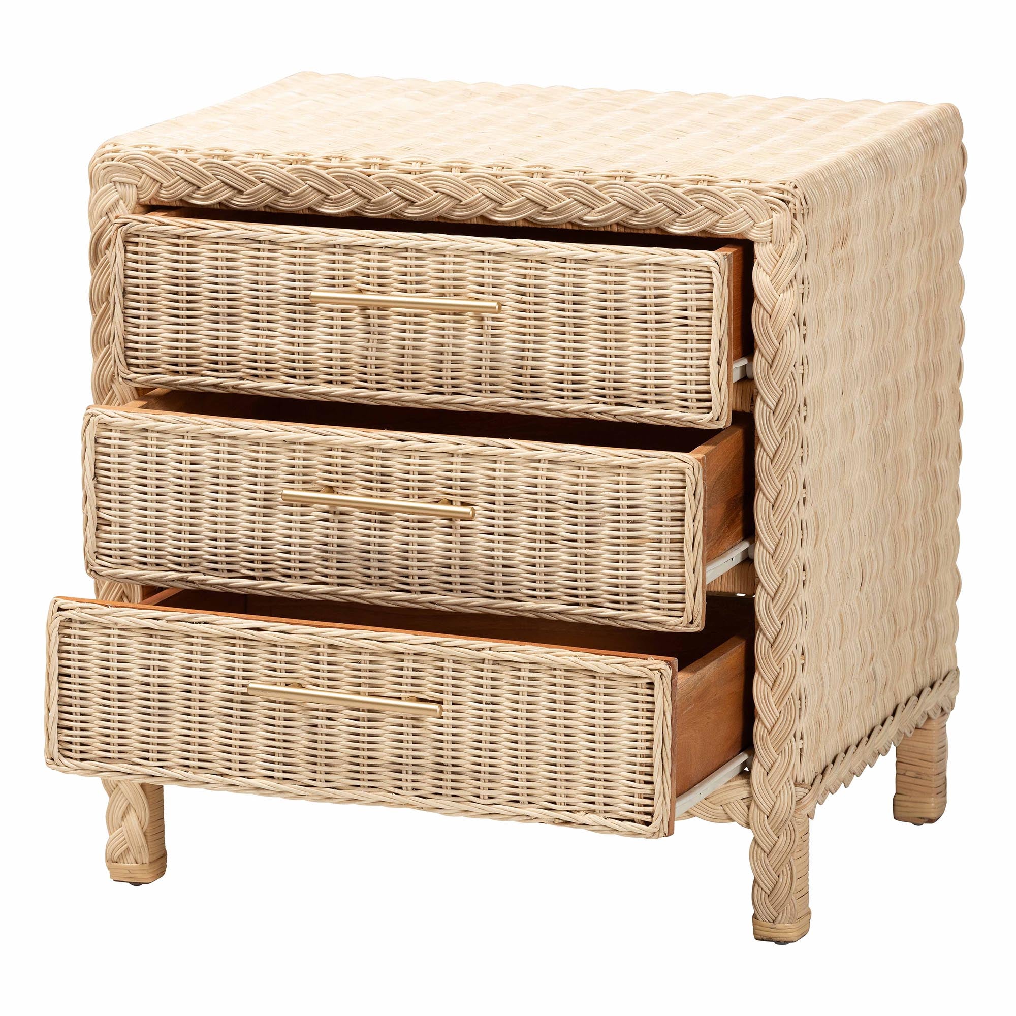 Lanica Japandi Sun Bleached Rattan 3-Drawer Nightstand