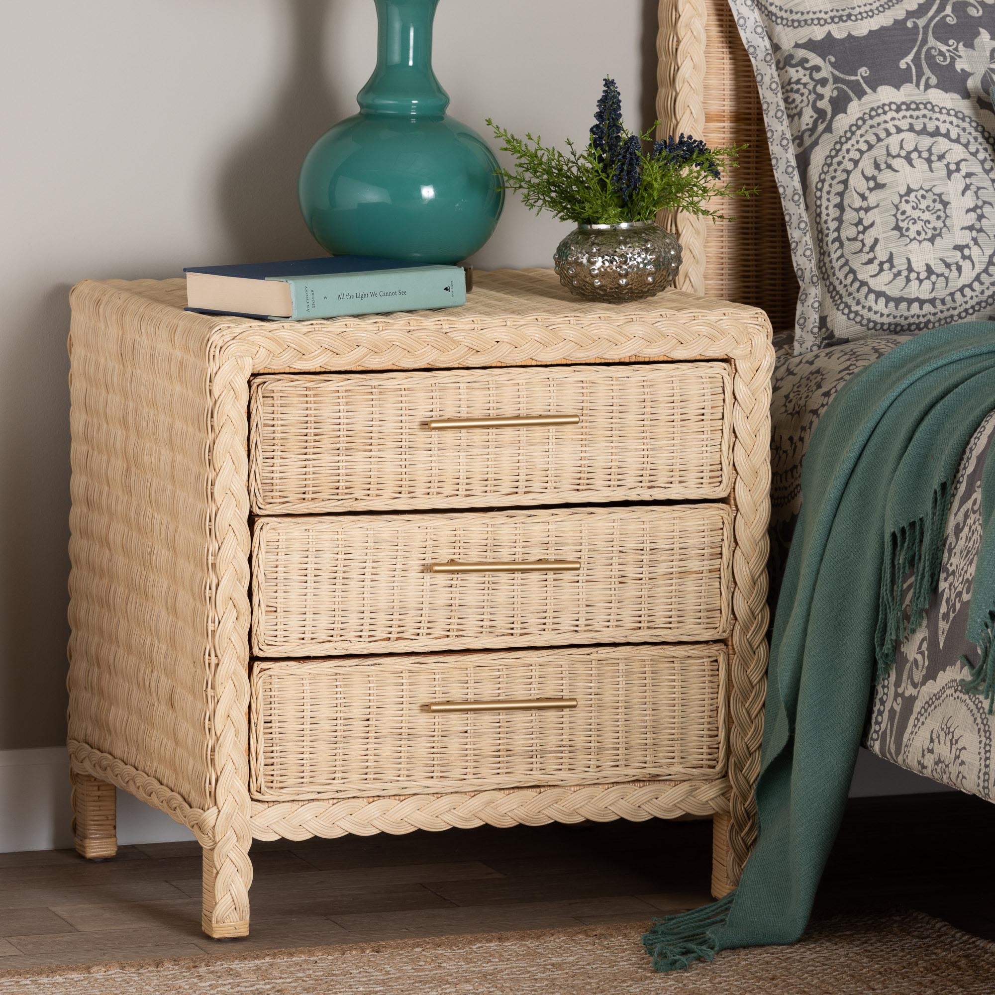 Lanica Japandi Sun Bleached Rattan 3-Drawer Nightstand