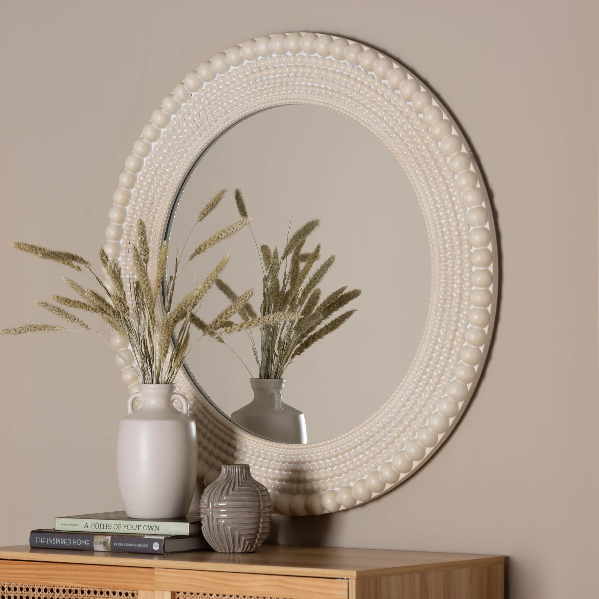 Grazia Modern Round Beaded-framed Accent Mirror in Pearl White