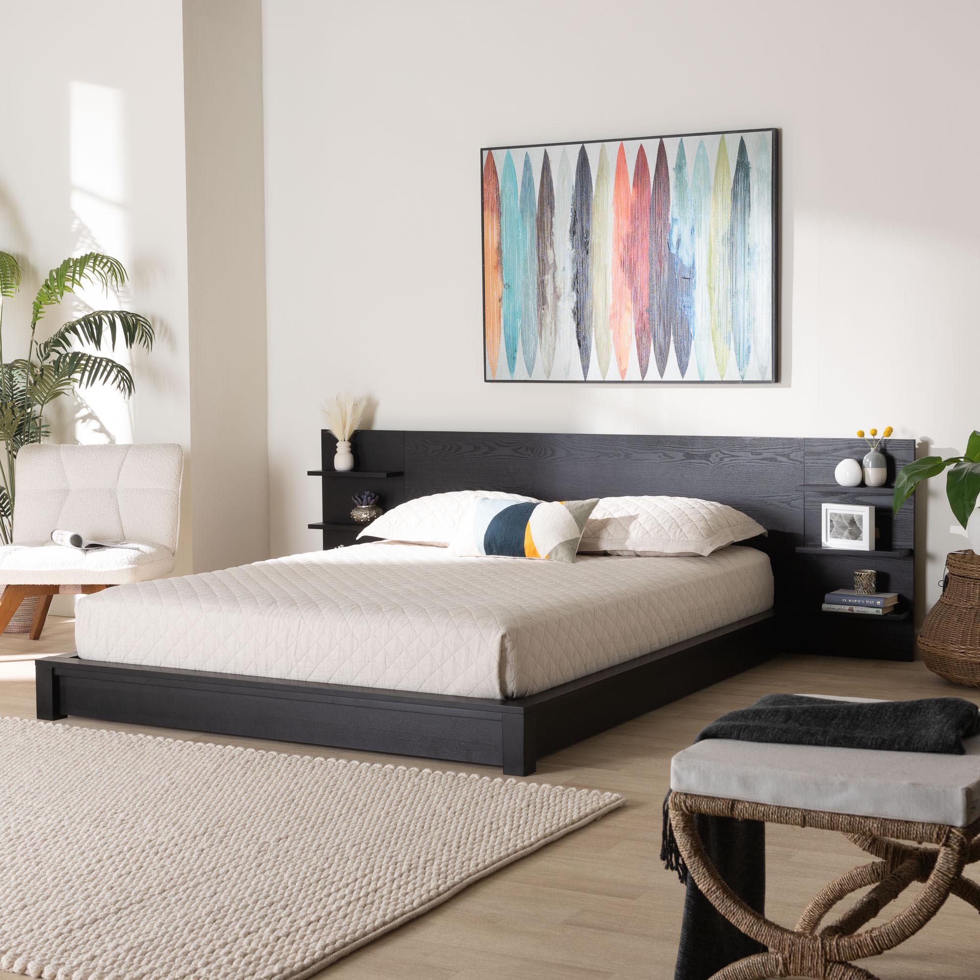 Elina Modern Ebony Black Wood Queen Size Platform Bed with Built-In Shelves