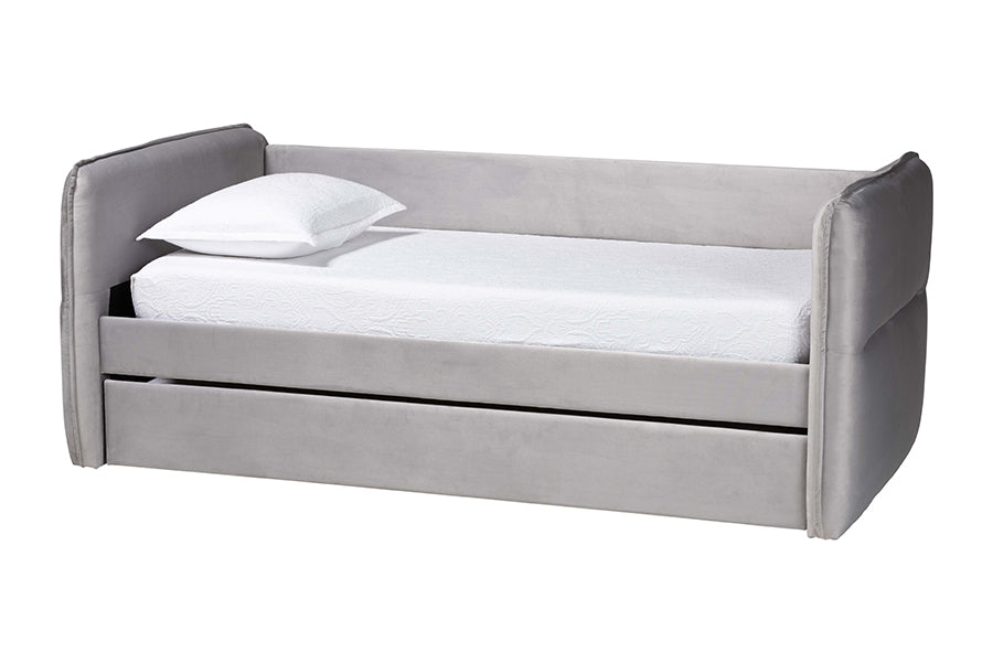 Finch Modern Light Grey Velvet Fabric Twin Size Daybed with Trundle