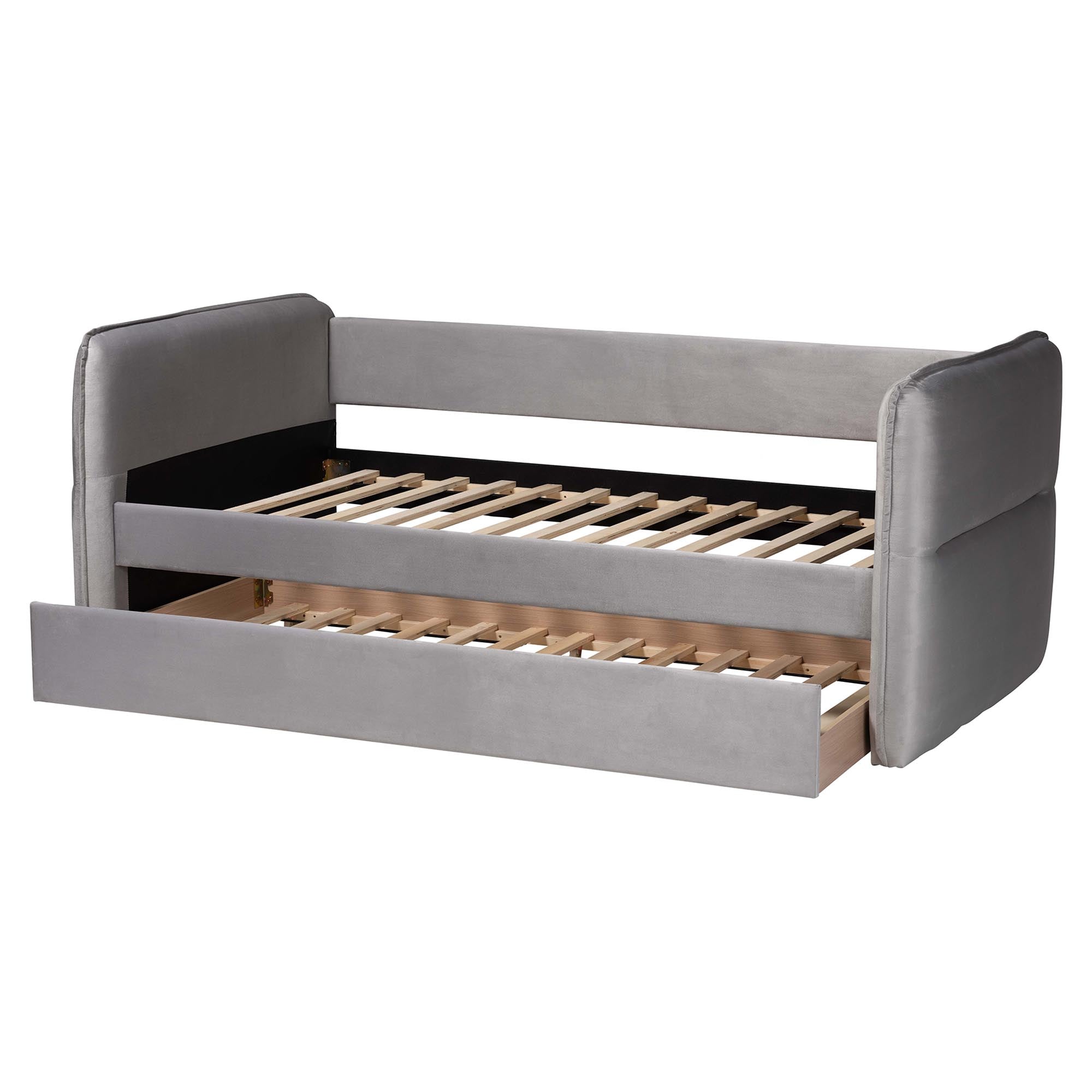 Finch Modern Light Grey Velvet Fabric Twin Size Daybed with Trundle