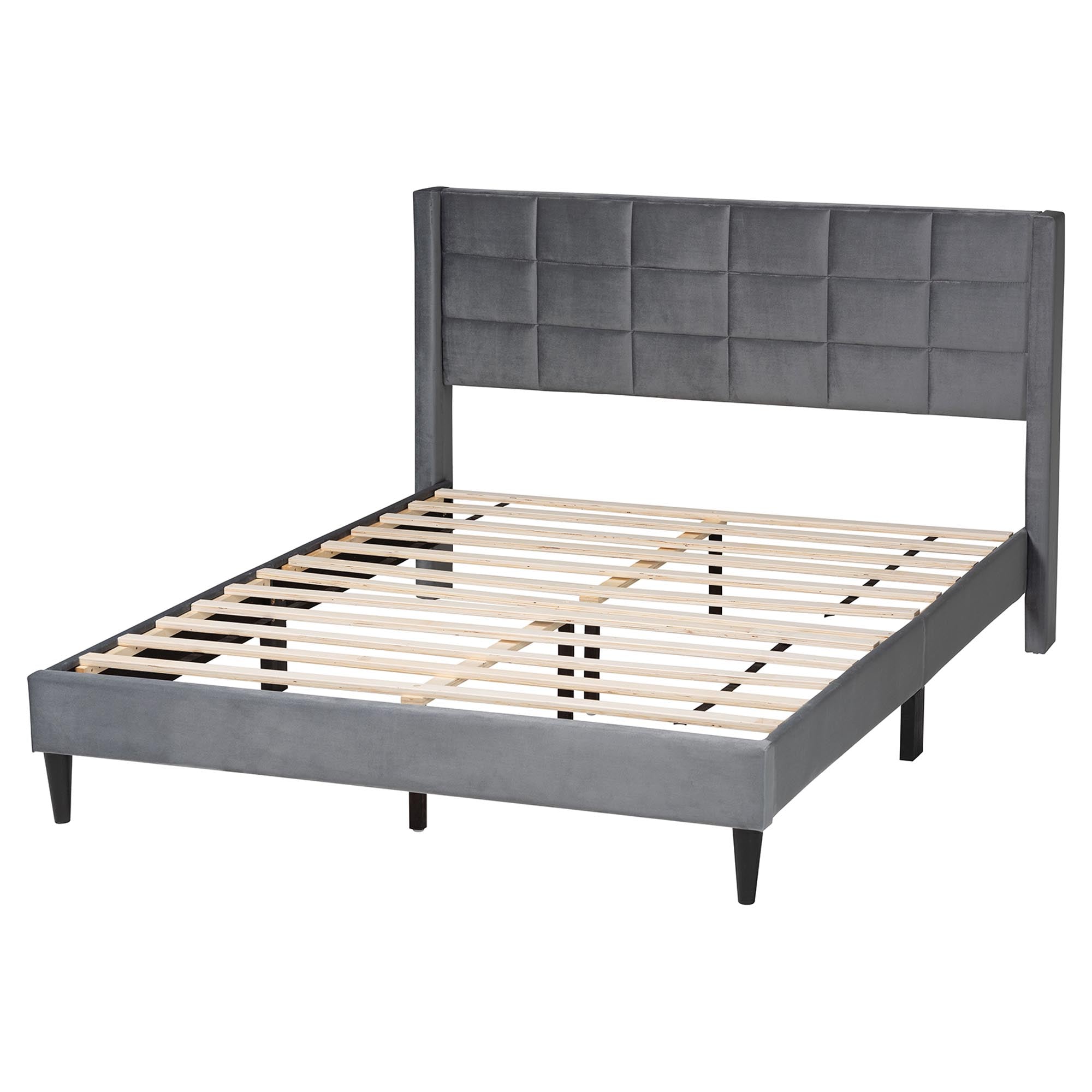 Payne Modern Grey Velvet and Dark Brown Wood Queen Bed