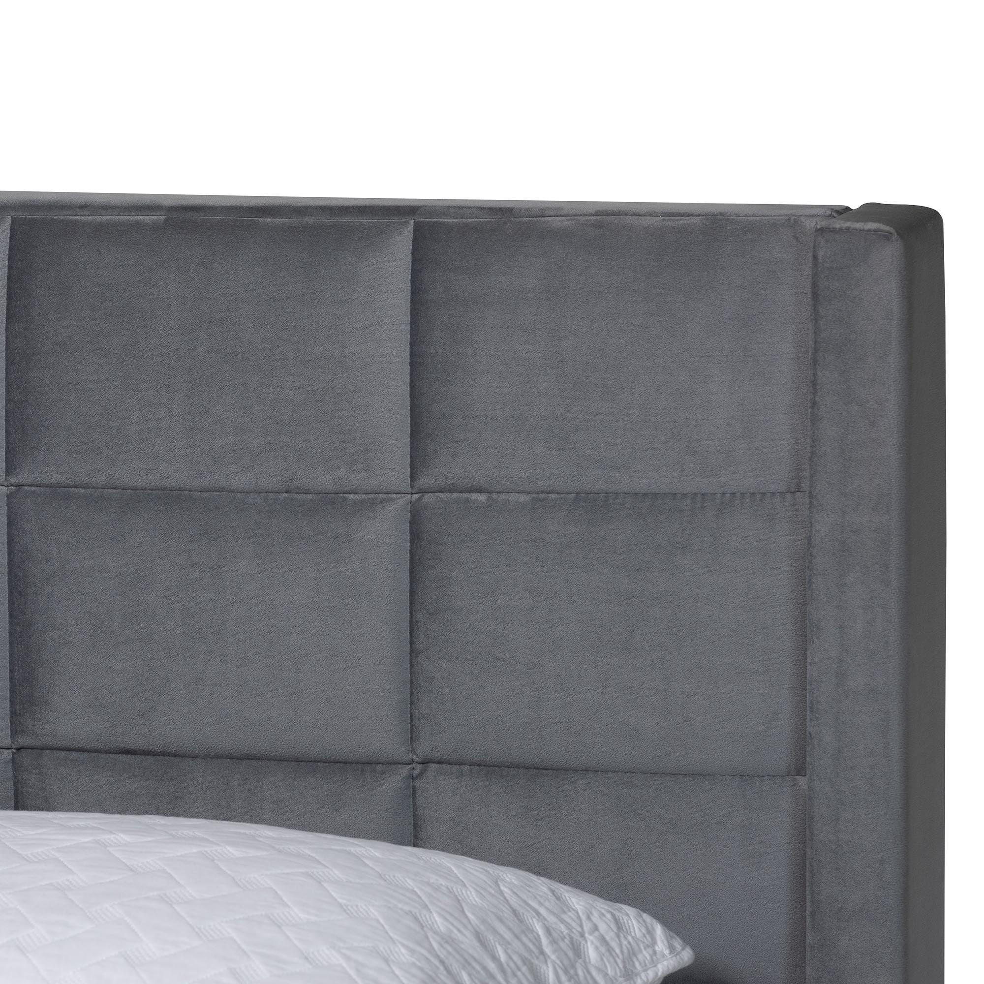 Payne Modern Grey Velvet and Dark Brown Wood Queen Bed