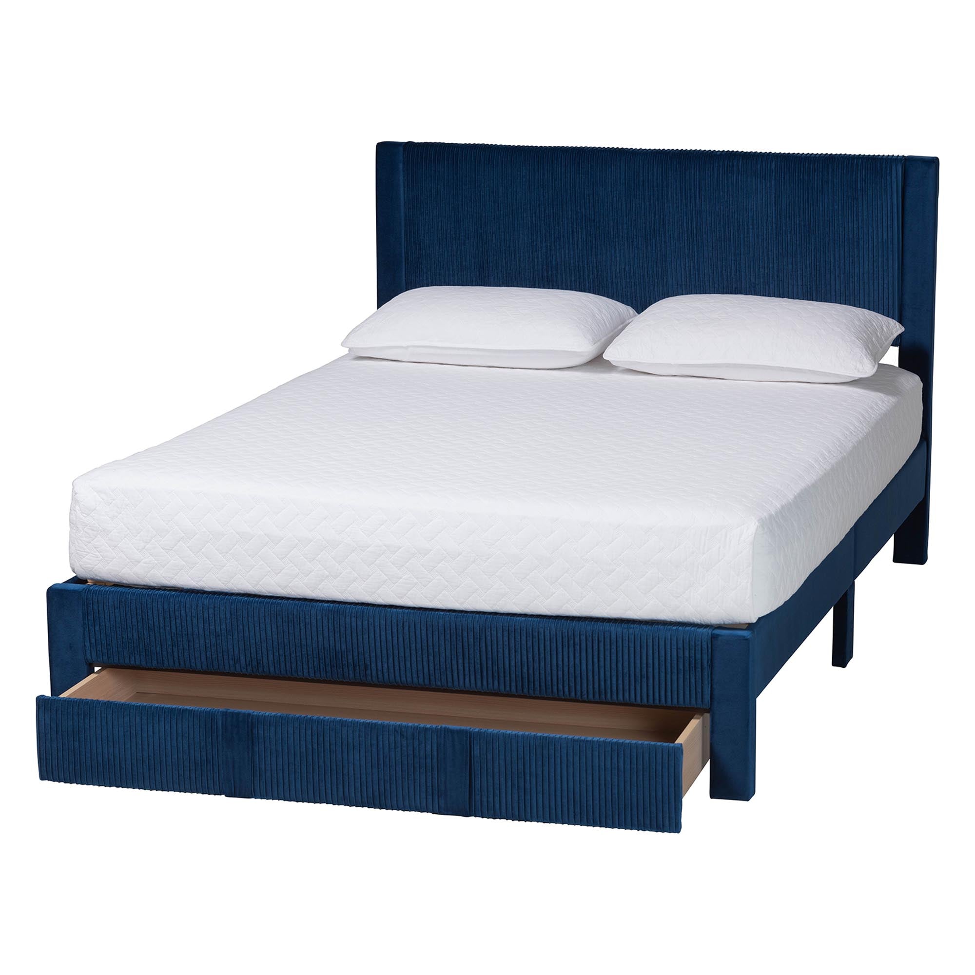 Elora Modern Navy Blue Pleated Velvet Queen Size Storage Bed