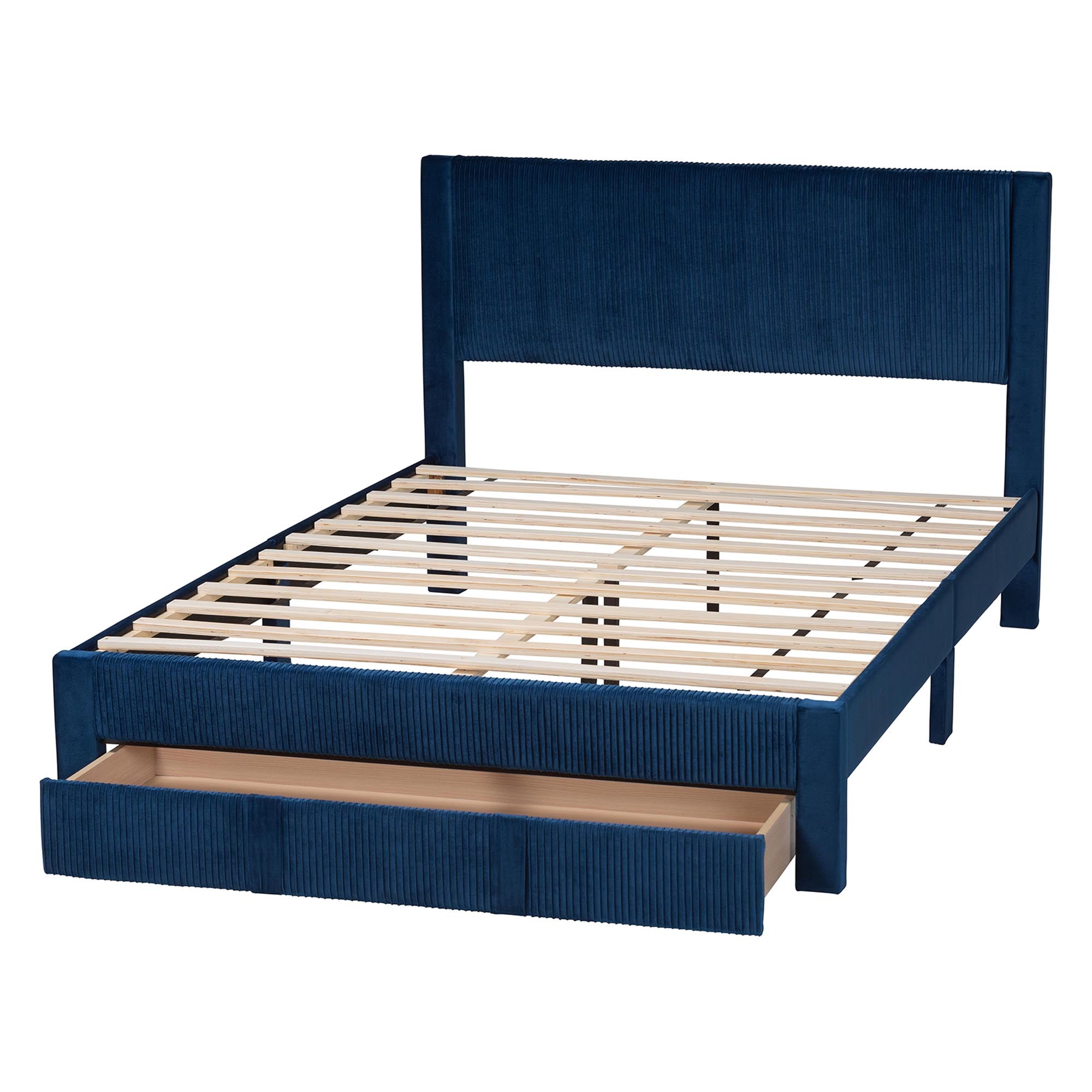 Elora Modern Navy Blue Pleated Velvet Queen Size Storage Bed