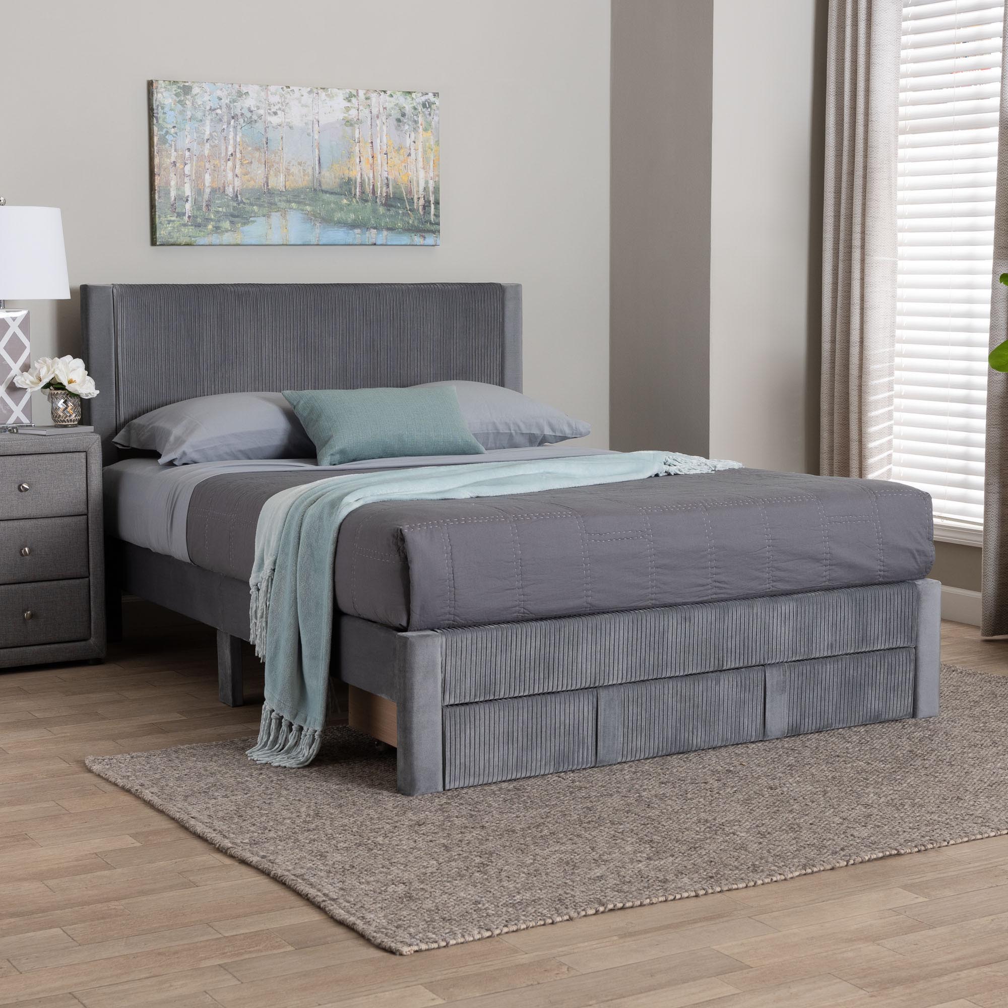 Elora Modern Grey Pleated Velvet Queen Size Storage Bed