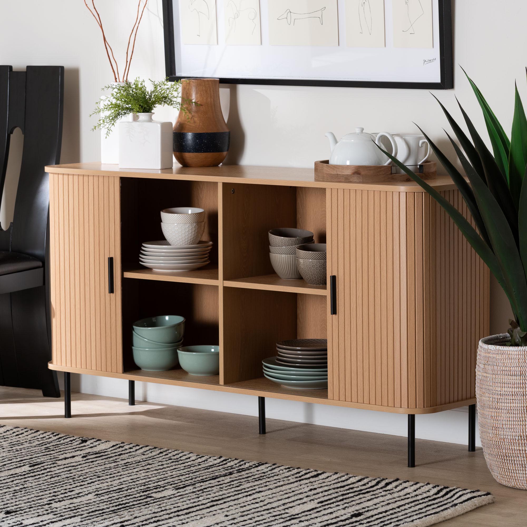 Lucia Fluted Wood Sideboard - Mid-Century Modern Buffet Cabinet with Sliding Tambour Doors, 55" Wide