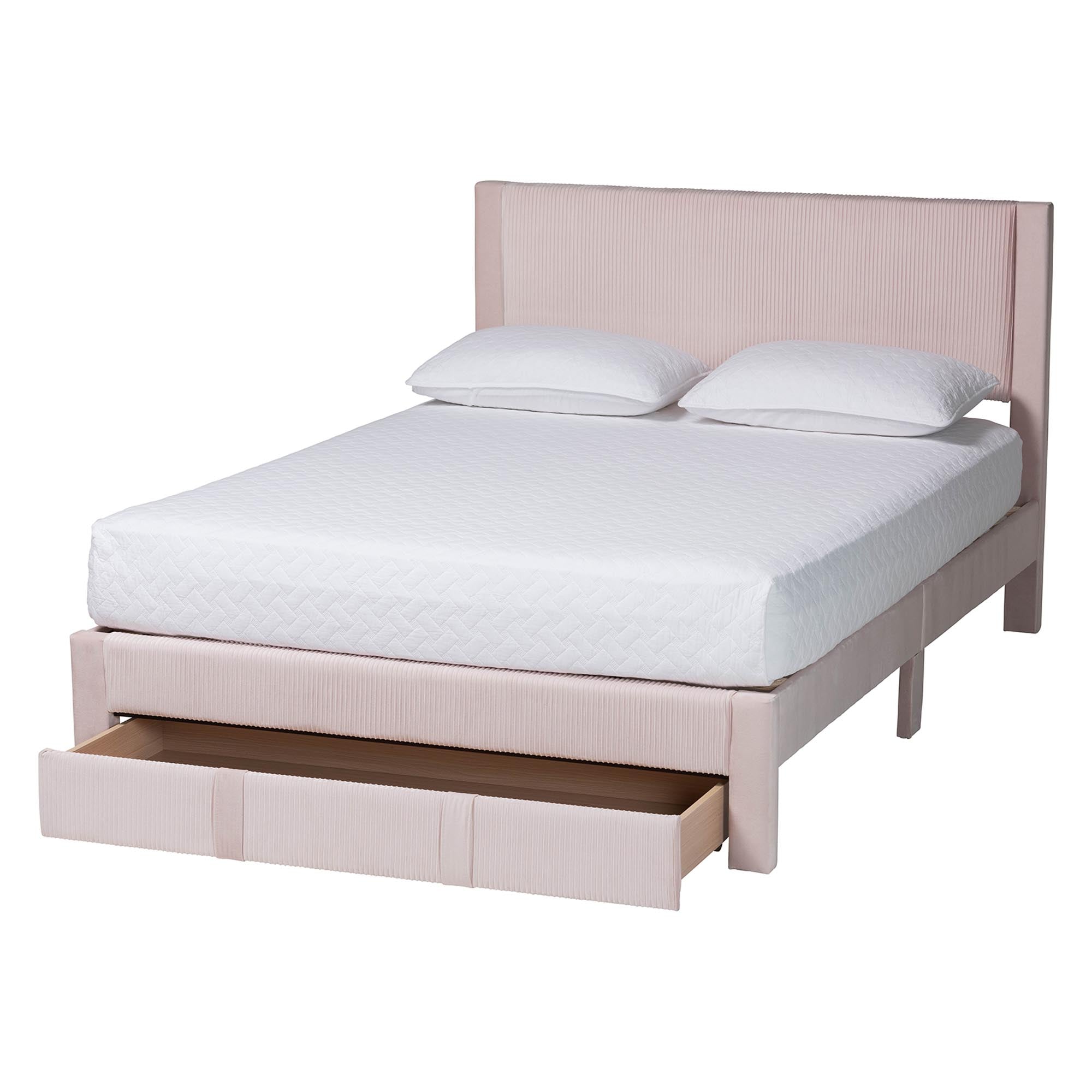 Elora Modern Light Pink Pleated Velvet Queen Size Storage Bed