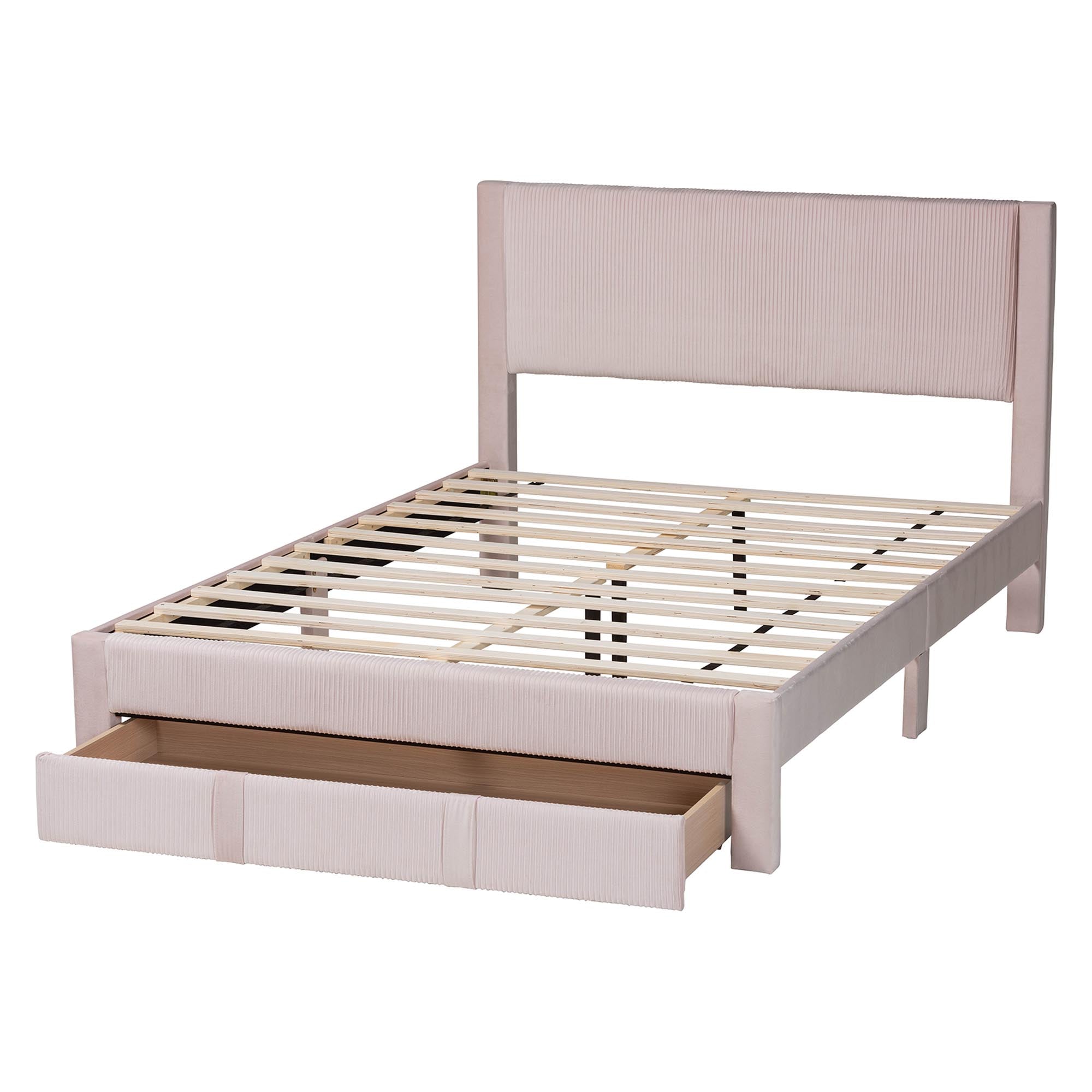 Elora Modern Light Pink Pleated Velvet Queen Size Storage Bed