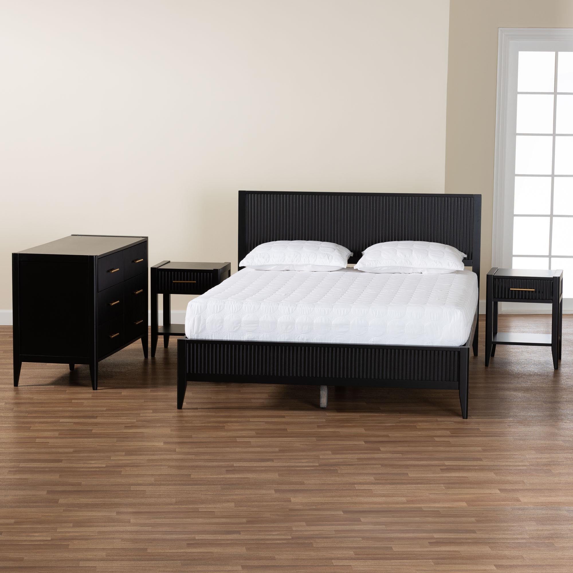 Leyton Queen Rubberwood Platform Bed – Mid‑Century Black Fluted 4‑Piece Set