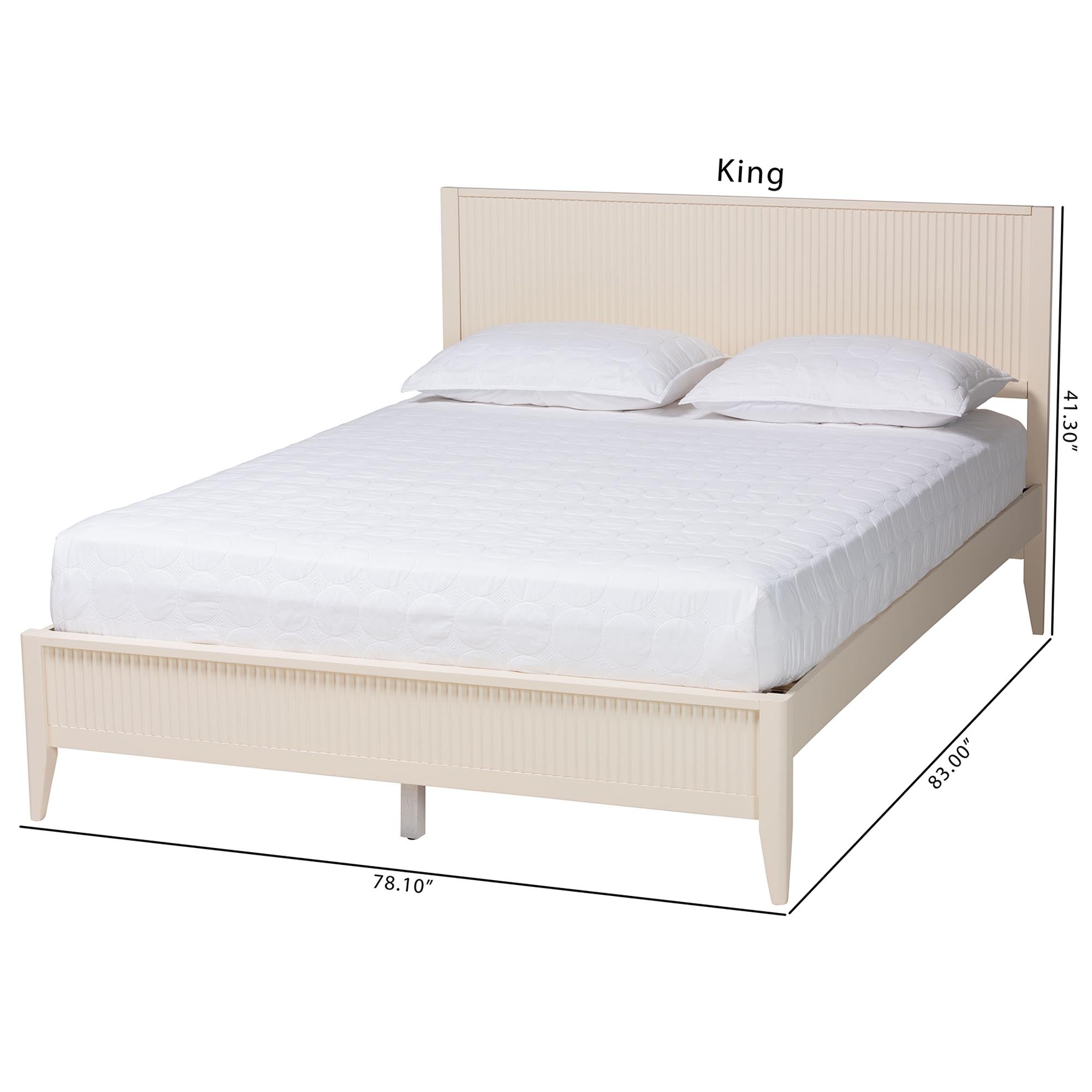 Arcadia King Fluted Wood Platform Bed – Rubberwood Frame, Ivory Mid‑Century Style