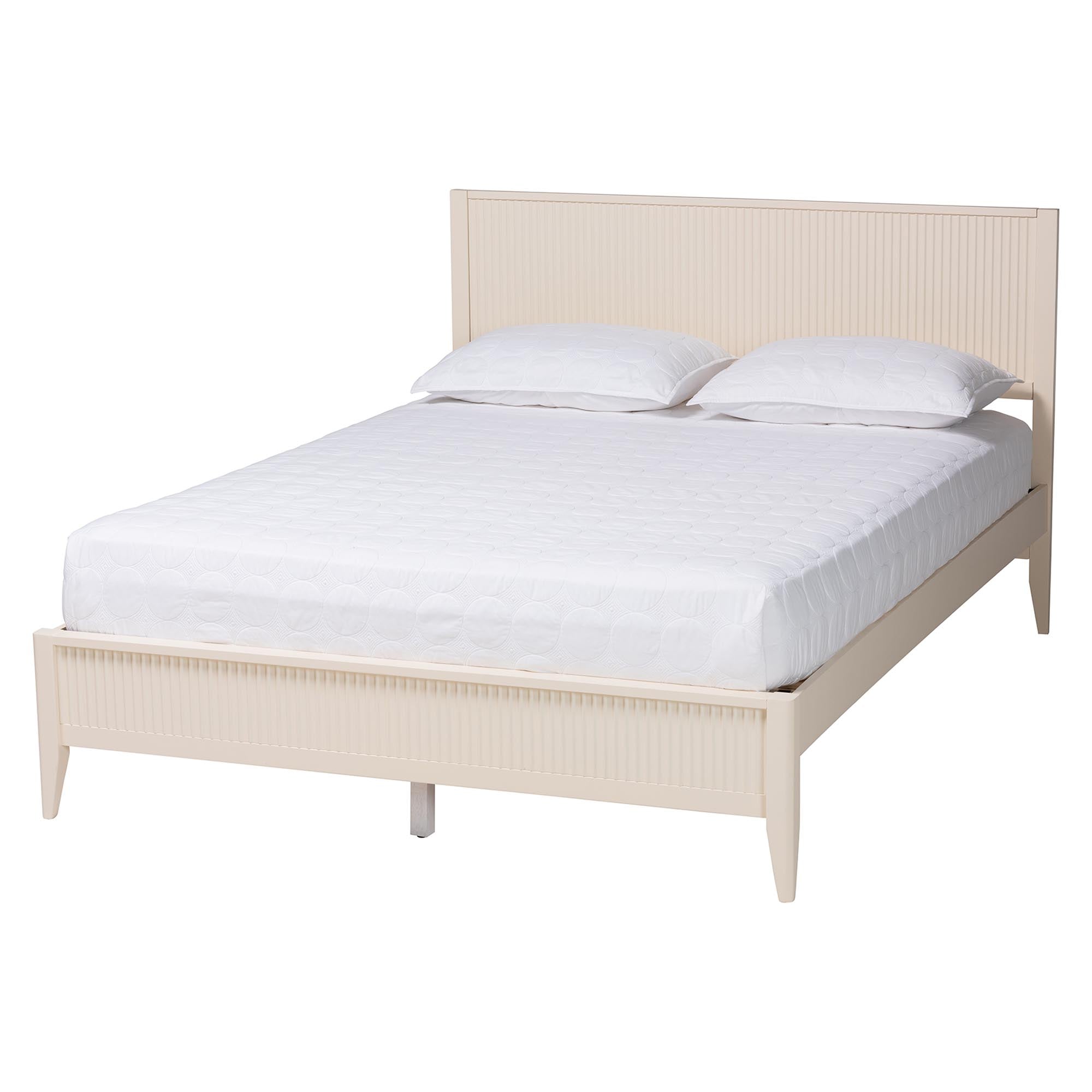 Arcadia King Fluted Wood Platform Bed – Rubberwood Frame, Ivory Mid‑Century Style