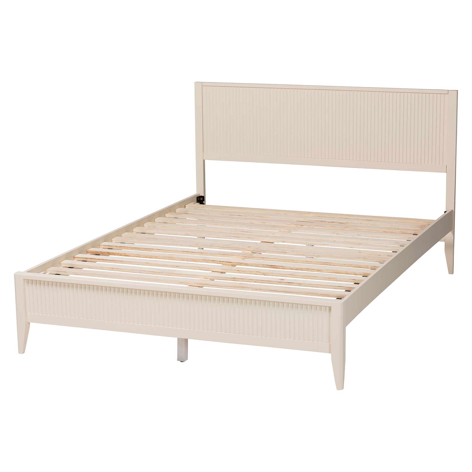 Arcadia King Fluted Wood Platform Bed – Rubberwood Frame, Ivory Mid‑Century Style