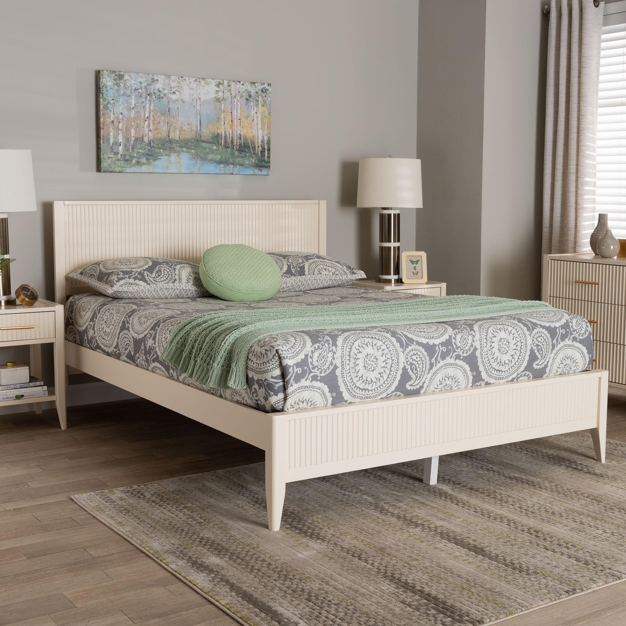 Arcadia King Fluted Wood Platform Bed – Rubberwood Frame, Ivory Mid‑Century Style