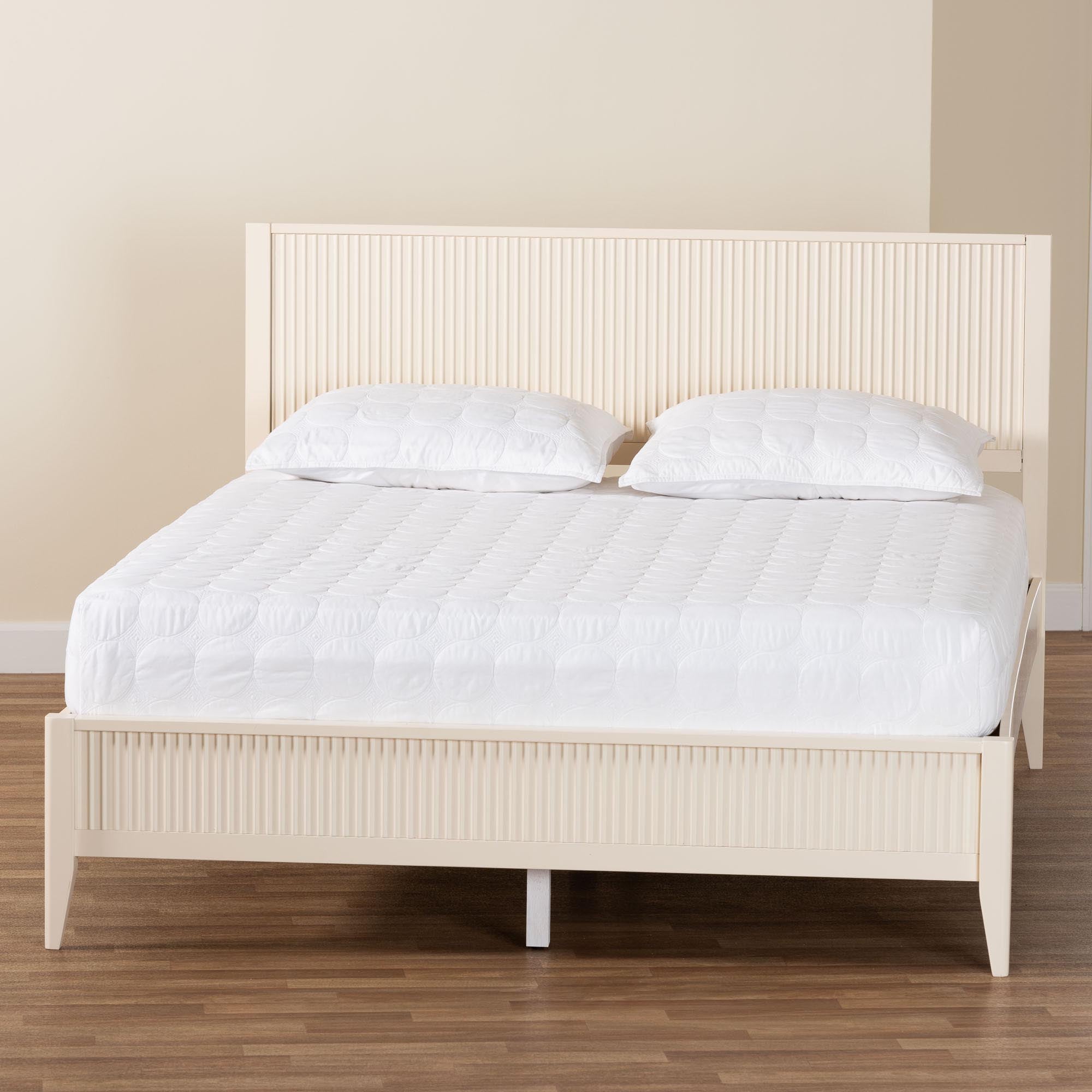 Arcadia King Fluted Wood Platform Bed – Rubberwood Frame, Ivory Mid‑Century Style