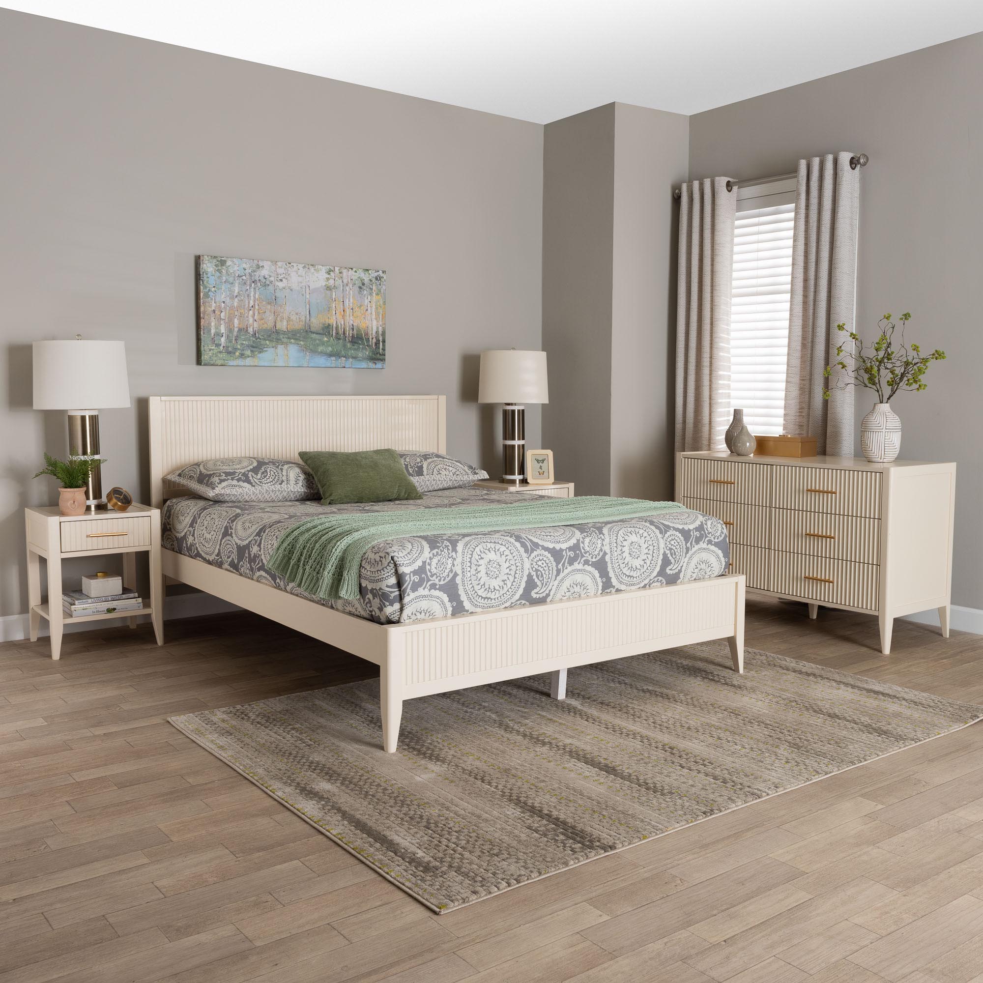 Arielle Mid‑Century King Ivory Fluted Wood Canopy Bedroom Set – 4‑Piece & No Box Spring Needed