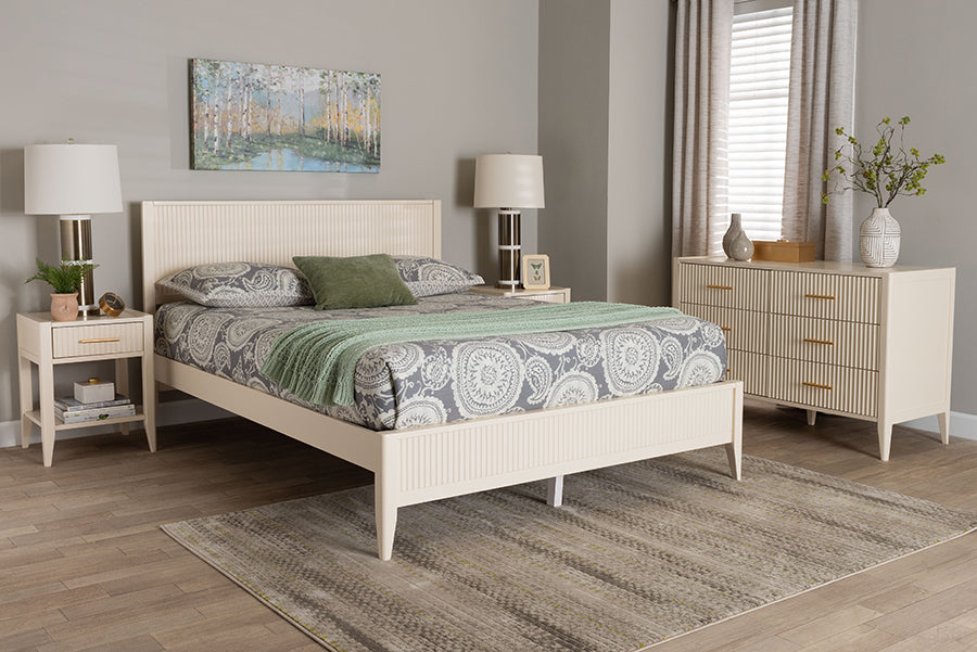 Primrose Mid-Century Ivory Fluted Wood Queen Size 4-Piece Bedroom Set