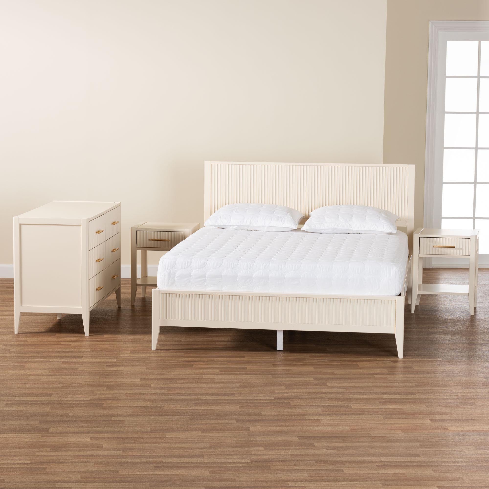 Arielle Mid‑Century King Ivory Fluted Wood Canopy Bedroom Set – 4‑Piece & No Box Spring Needed