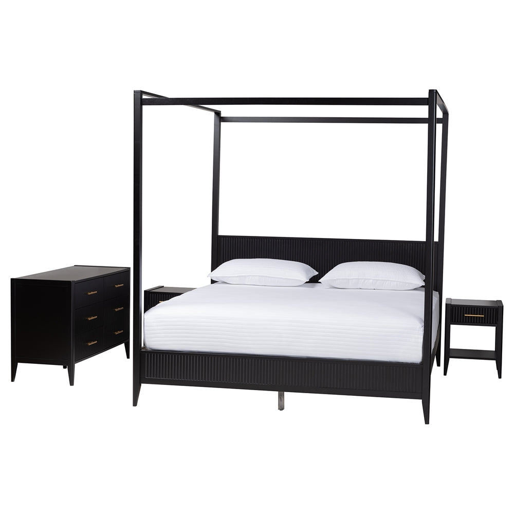 Mistral Mid‑Century King Wood Canopy Bed Set – Ivory Fluted 4‑Piece Bedroom Collection