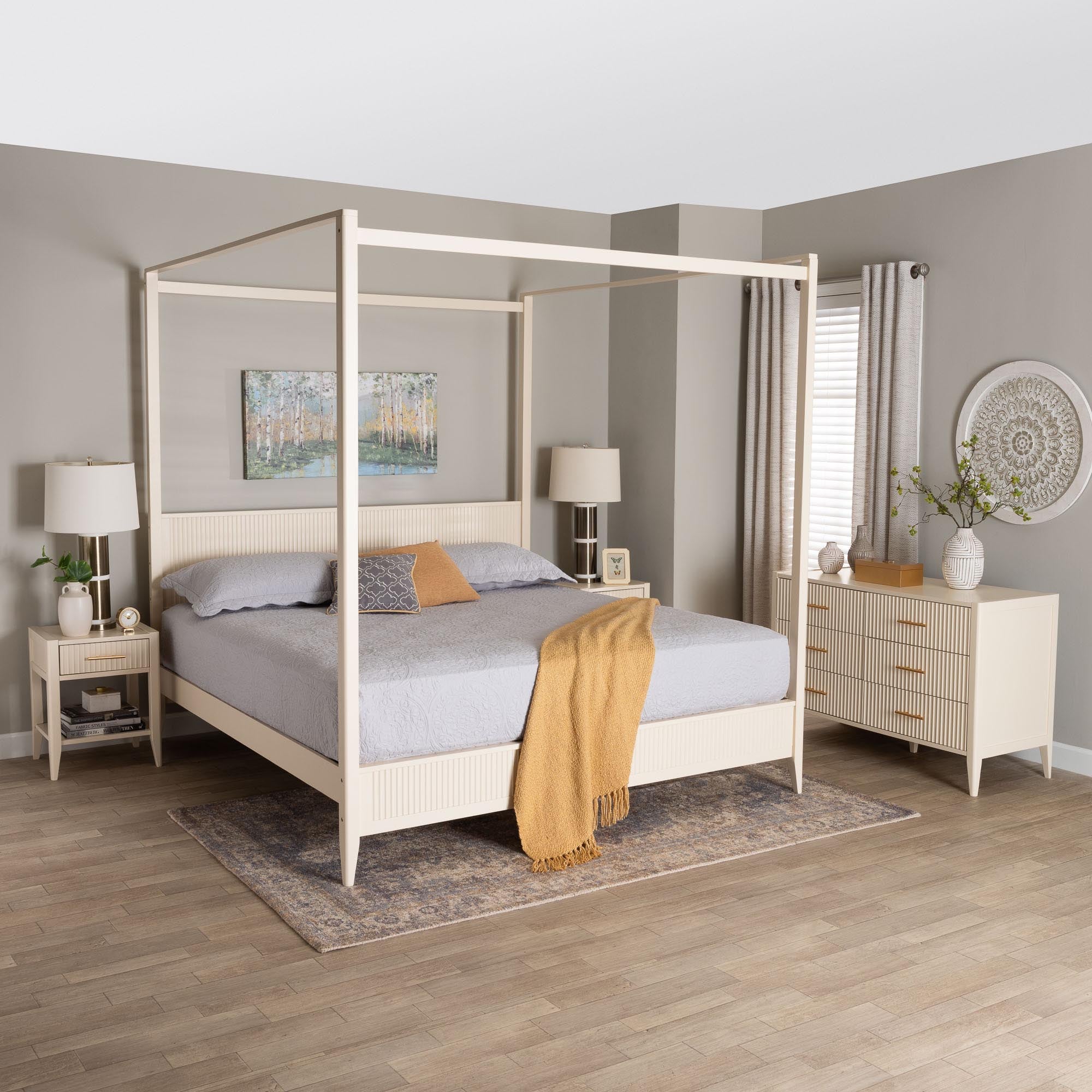 Mistral Mid‑Century King Wood Canopy Bed Set – Ivory Fluted 4‑Piece Bedroom Collection