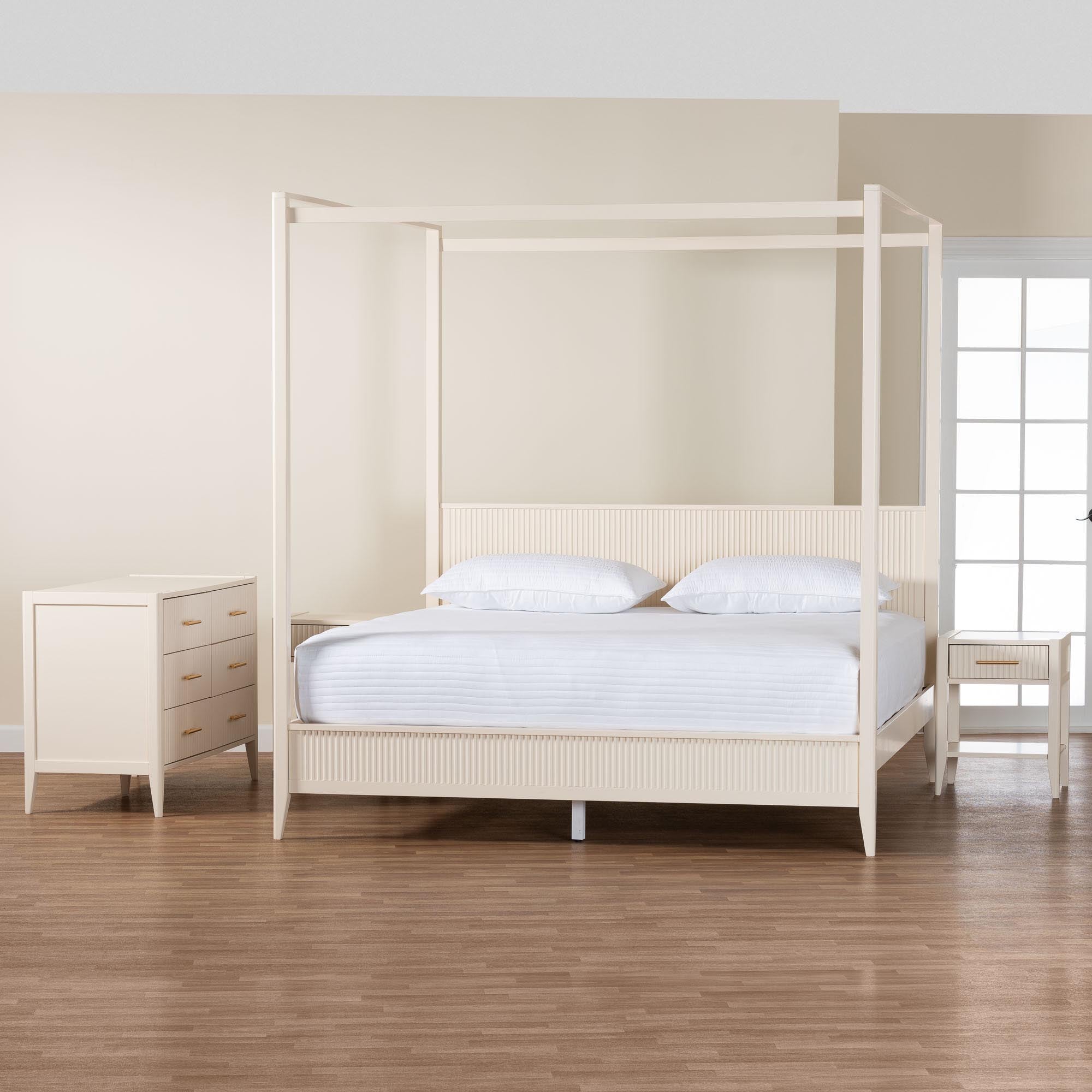 Mistral Mid‑Century King Wood Canopy Bed Set – Ivory Fluted 4‑Piece Bedroom Collection