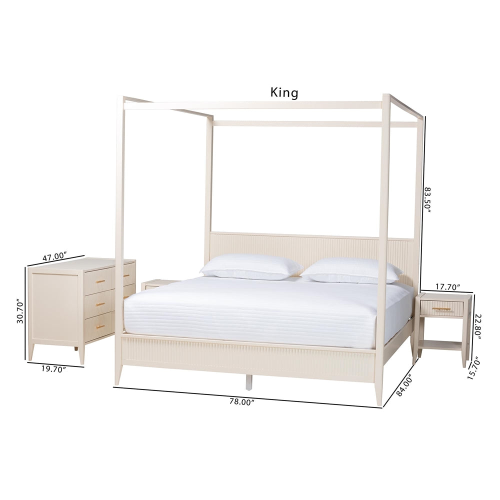 Mistral Mid‑Century King Wood Canopy Bed Set – Ivory Fluted 4‑Piece Bedroom Collection