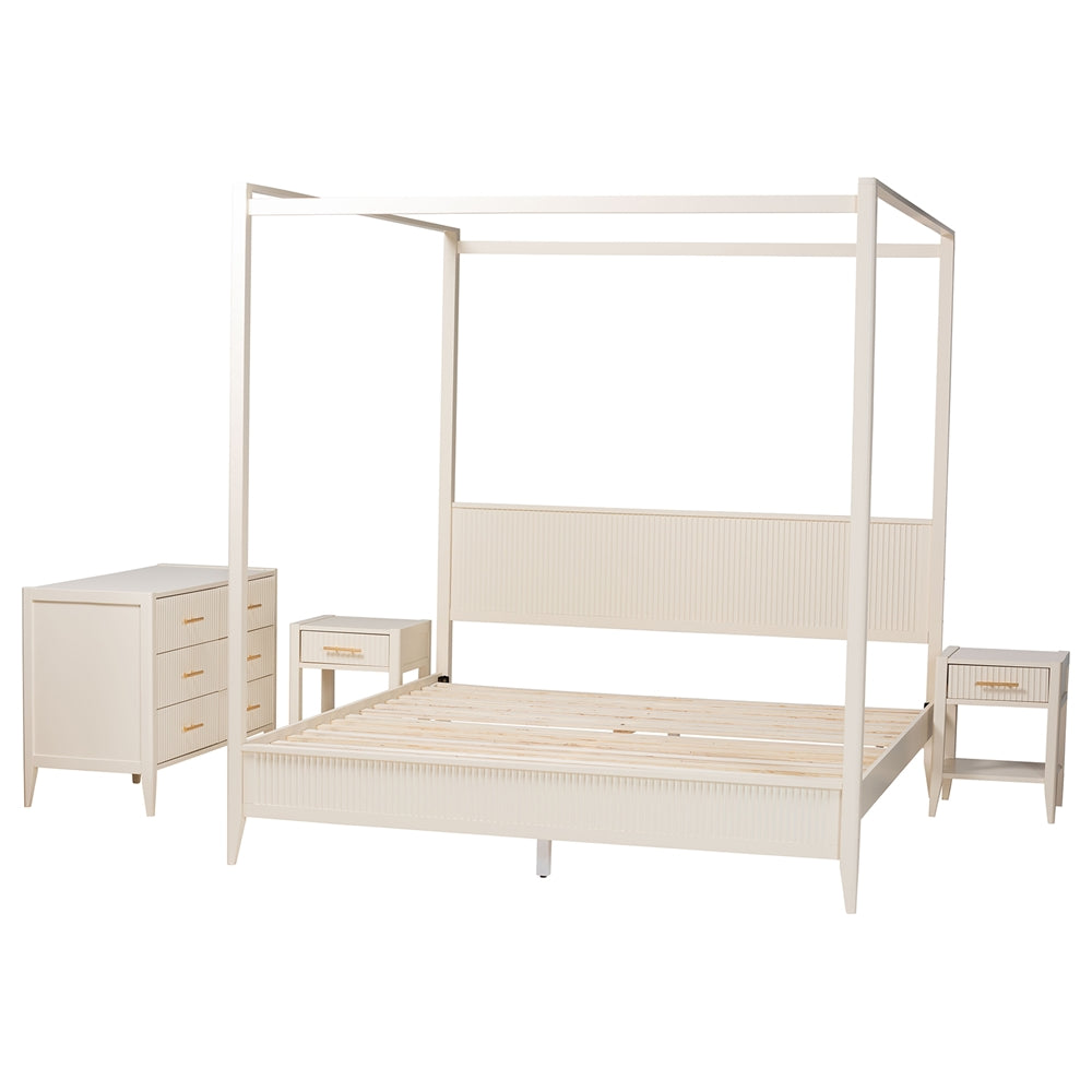 Mistral Mid‑Century King Wood Canopy Bed Set – Ivory Fluted 4‑Piece Bedroom Collection