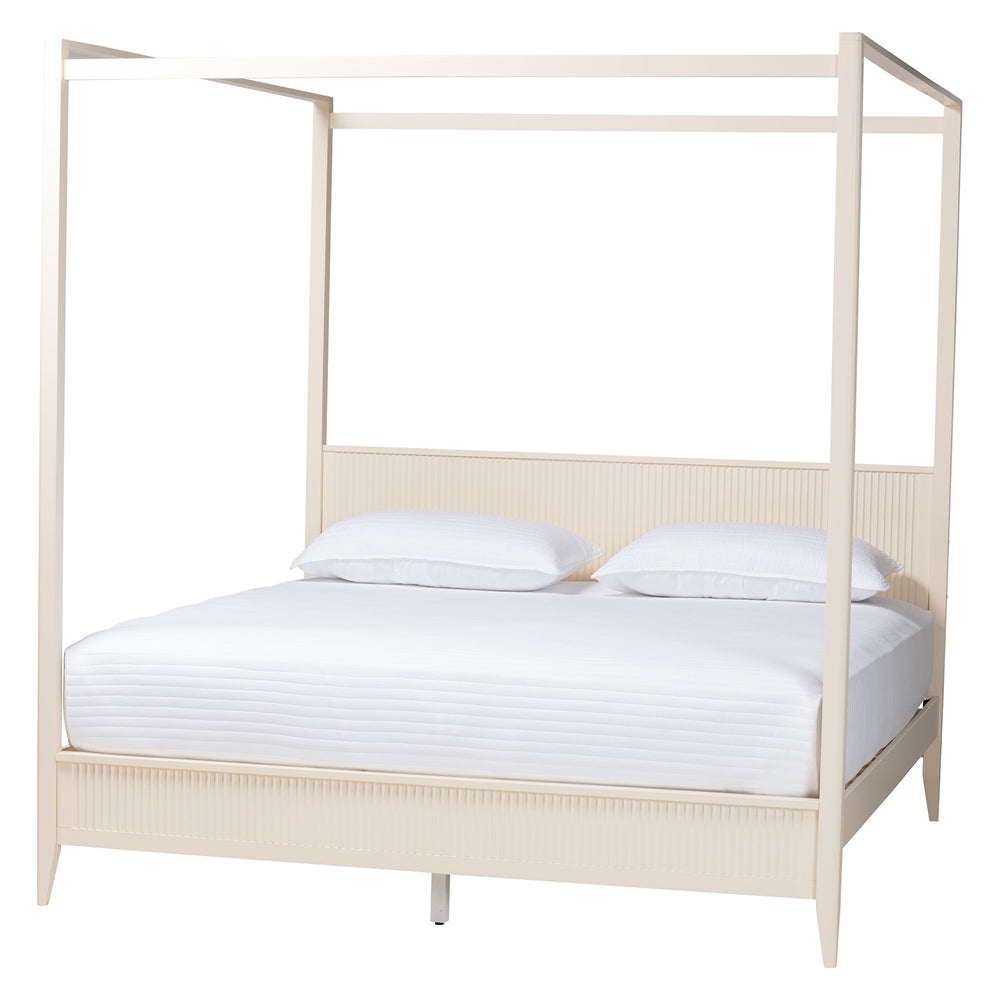 Mistral Mid‑Century King Wood Canopy Bed Set – Ivory Fluted 4‑Piece Bedroom Collection