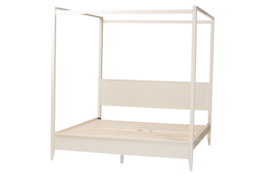 Primrose Mid-Century Ivory Fluted Wood King Size Canopy Bed