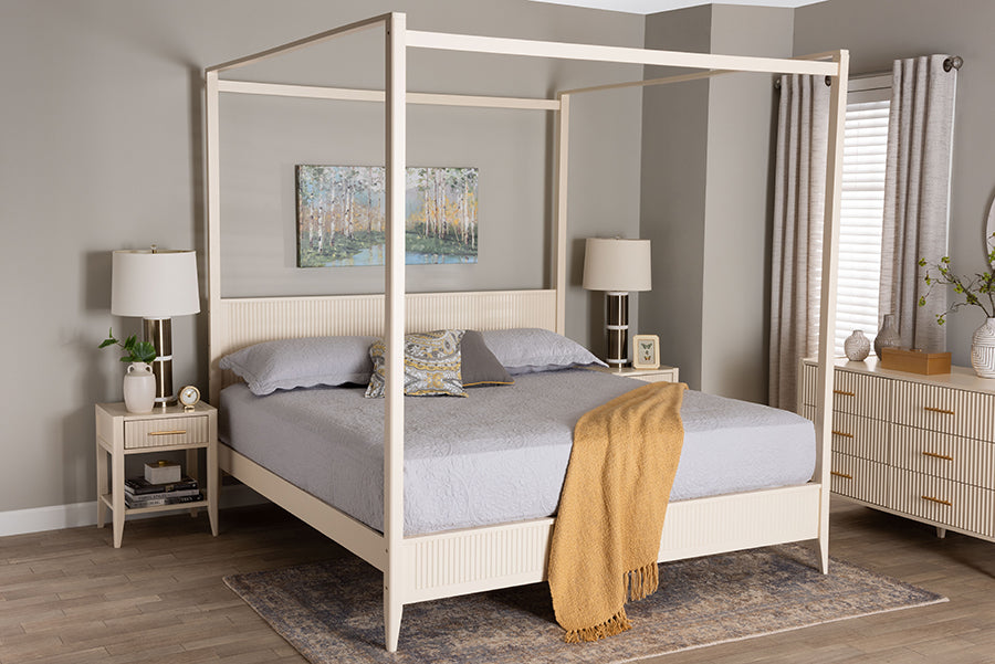 Primrose Mid-Century Ivory Fluted Wood King Size Canopy Bed