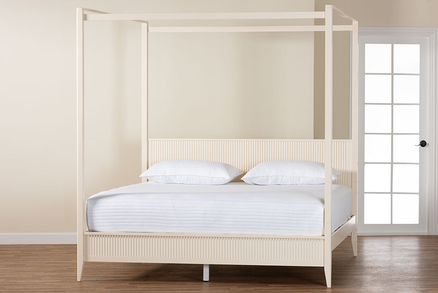 Primrose Mid-Century Ivory Fluted Wood King Size Canopy Bed