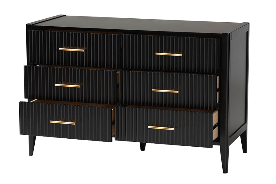 Primrose Mid-Century Black Fluted Wood 6-Drawer Dresser