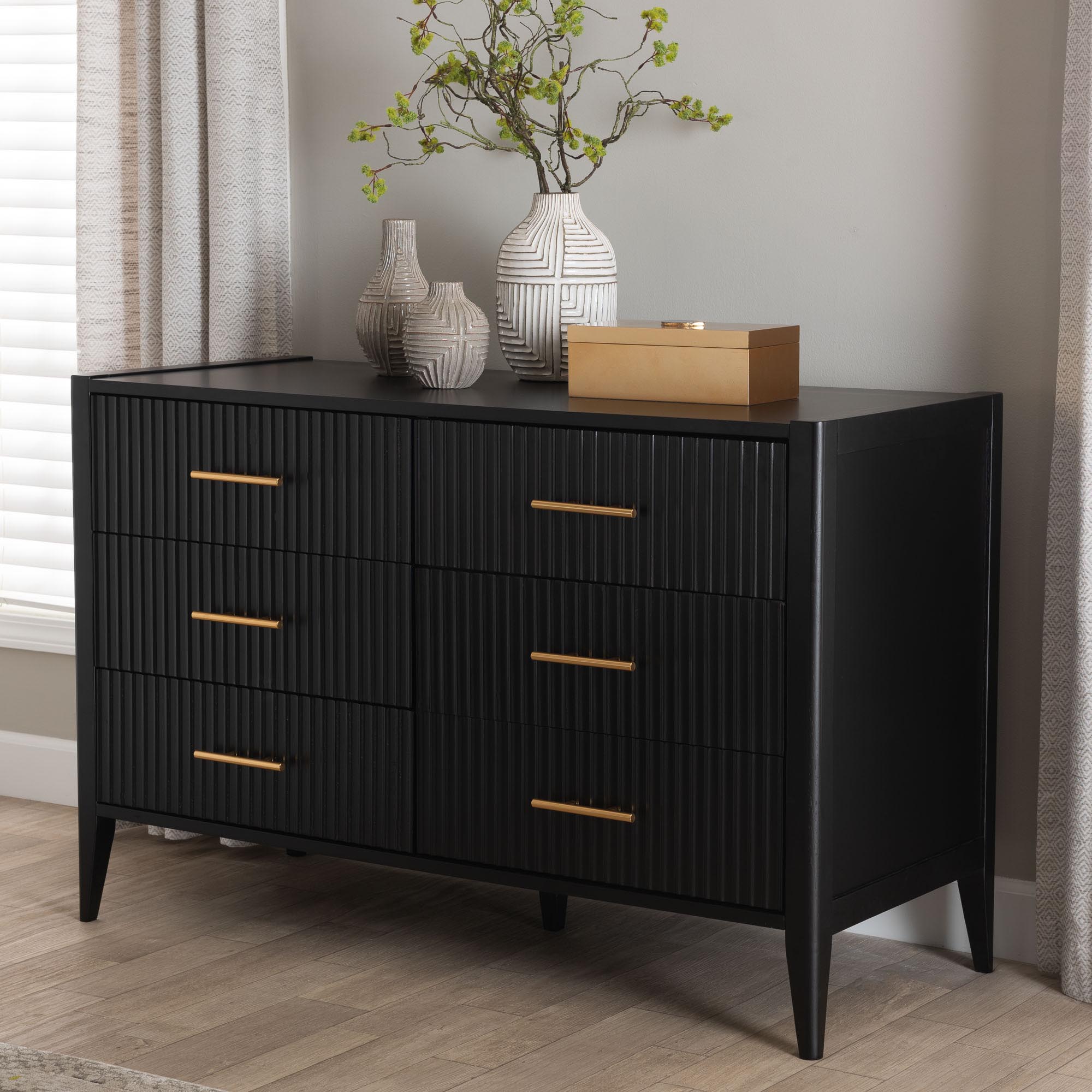 Primrose Mid-Century Black Fluted Wood 6-Drawer Dresser