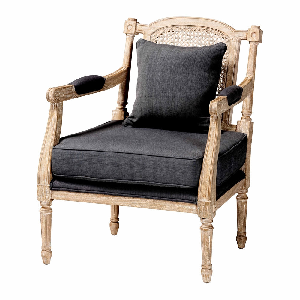 Clemence French Provincial Grey Fabric Whitewashed Mahogany Wood Armchair