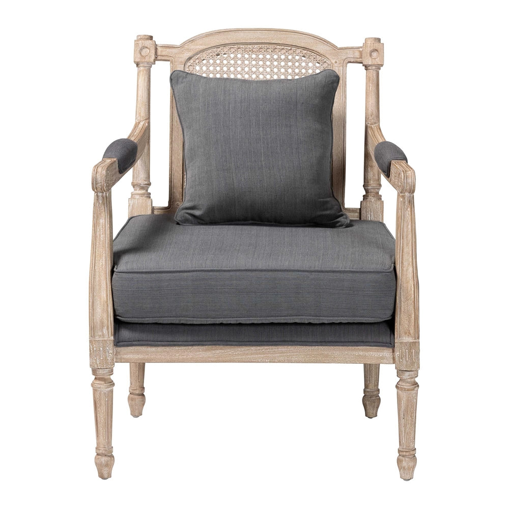 Clemence French Provincial Grey Fabric Whitewashed Mahogany Wood Armchair